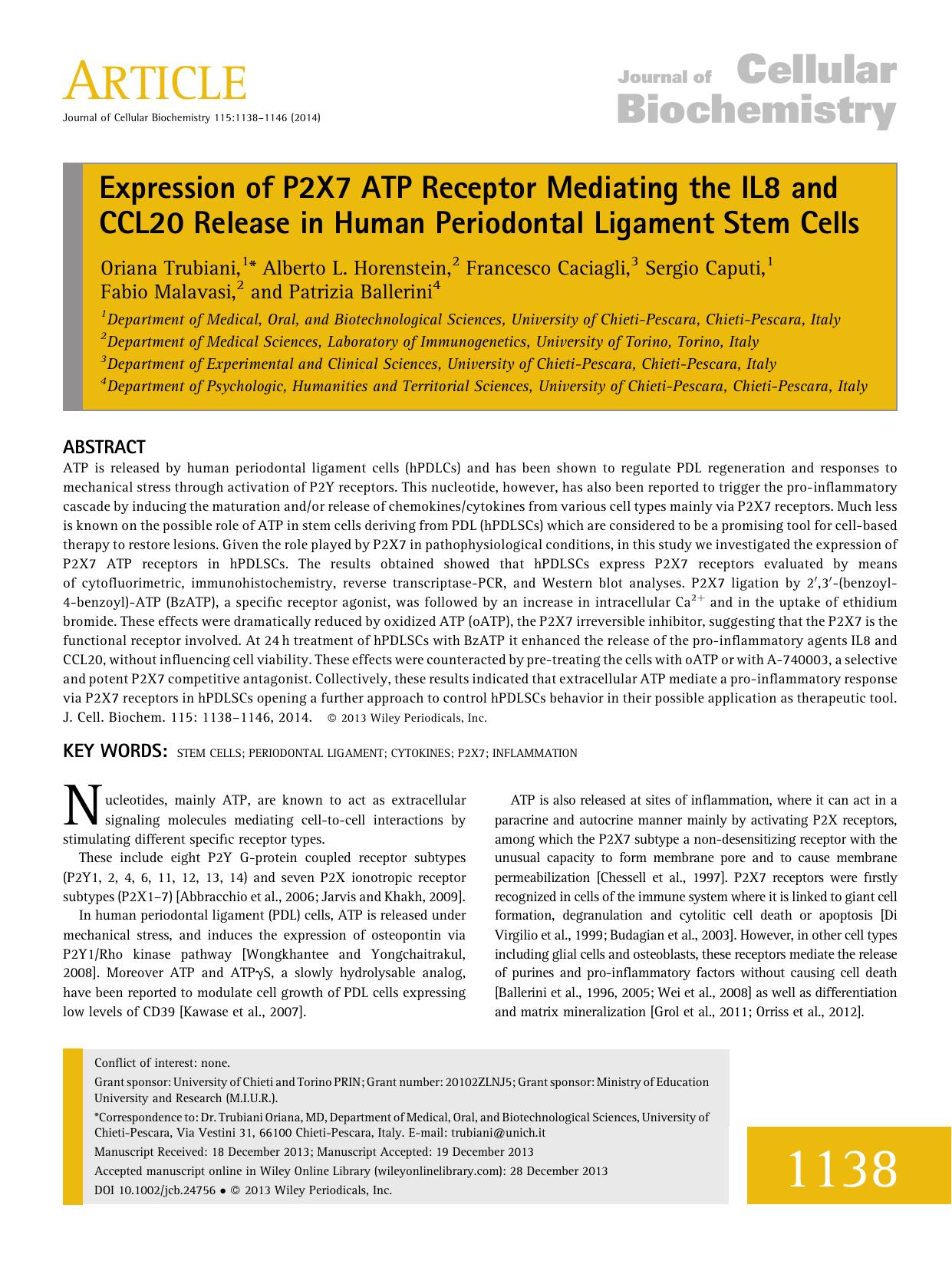 Expression of P2X7 ATP Receptor Mediating the IL8 and CCL20 Release in Human Periodontal Ligament Stem Cells by Unknown