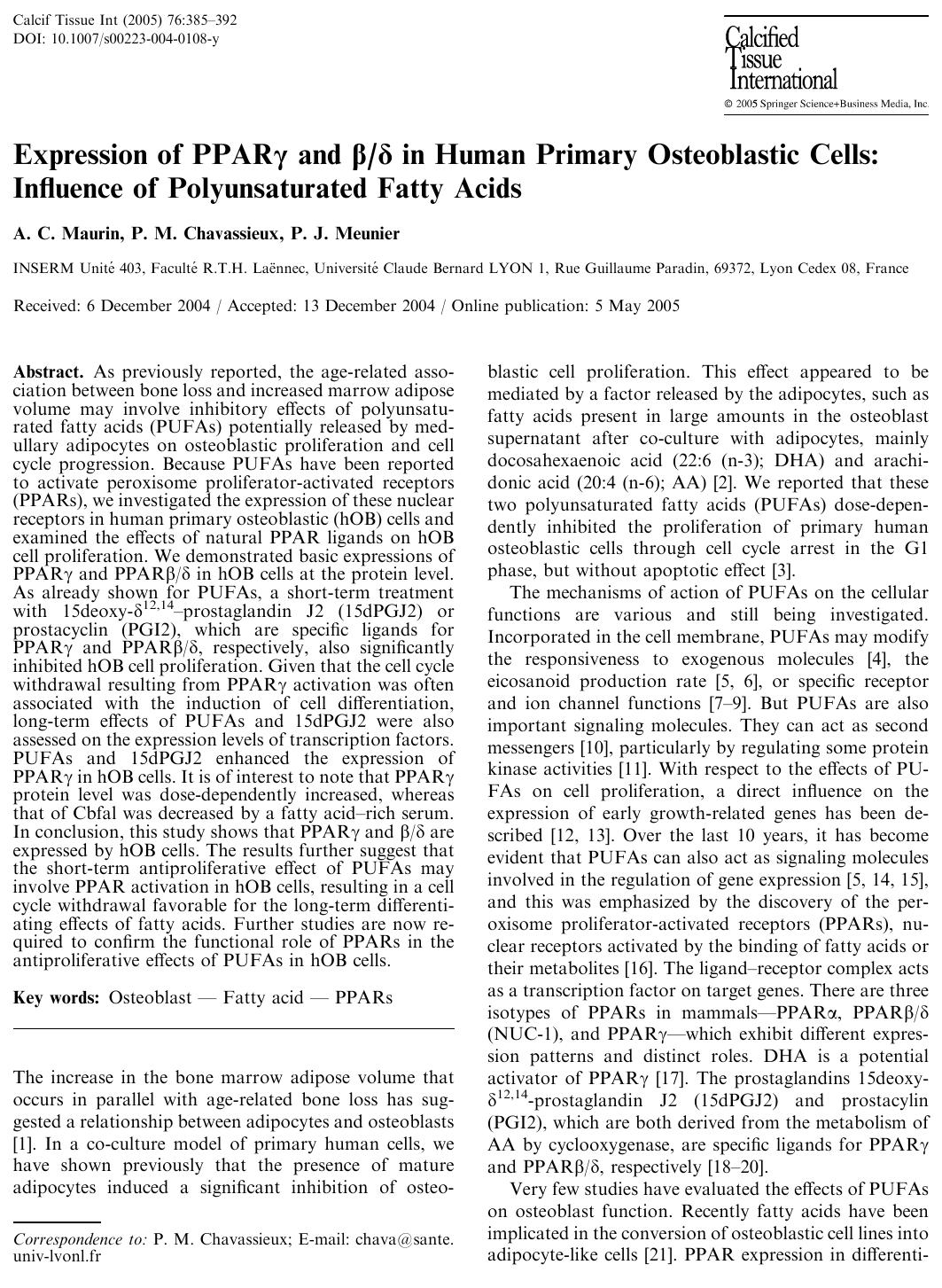 Expression of PPAR and b d in Human Primary Osteoblastic Cells: In fluence of Polyunsaturated Fatty Acids by Maurin A.C. et al