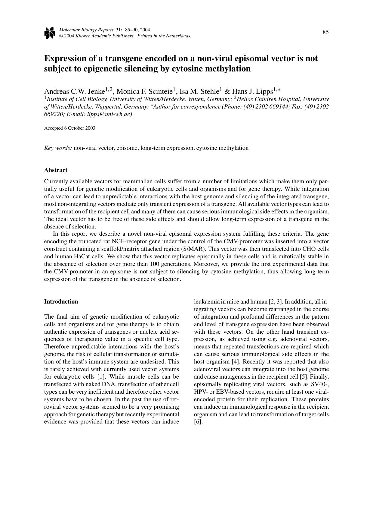 Expression of a transgene encoded on a non-viral episomal vector is not subject to epigenetic silencing by cytosine methylation by Unknown