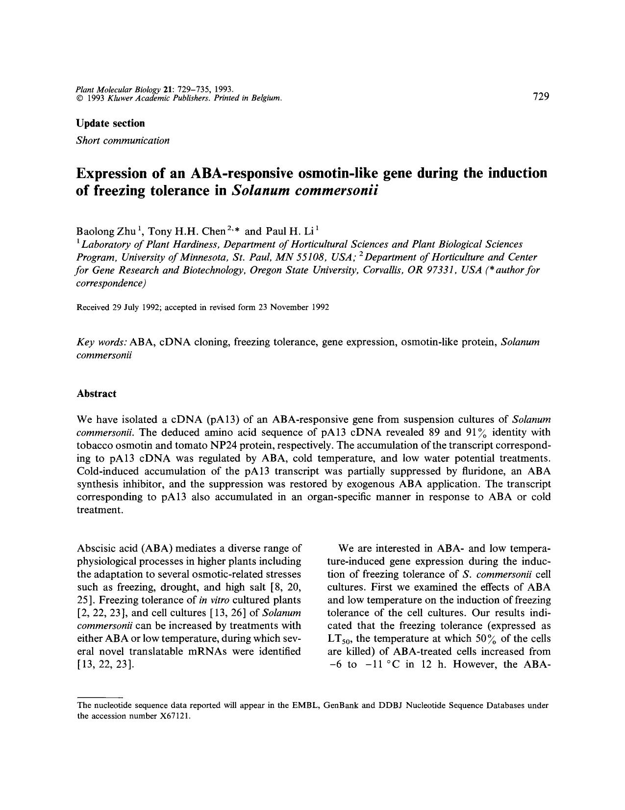 Expression of an ABA-responsive osmotin-like gene during the induction of freezing tolerance in <Emphasis Type="Italic">Solanum commersonii<Emphasis> by Unknown
