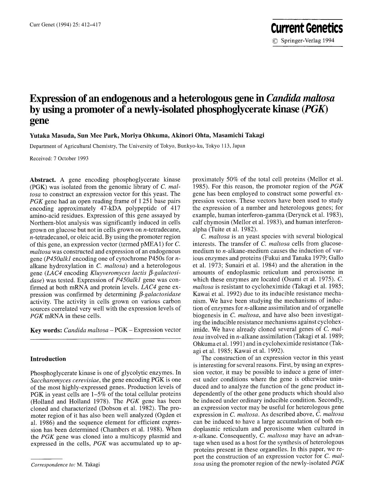 Expression of an endogenous and a heterologous gene in <Emphasis Type="Italic">Candida maltosa<Emphasis> by using a promoter of a newly-isolated phosphoglycerate kinase (<Emphasis by Unknown