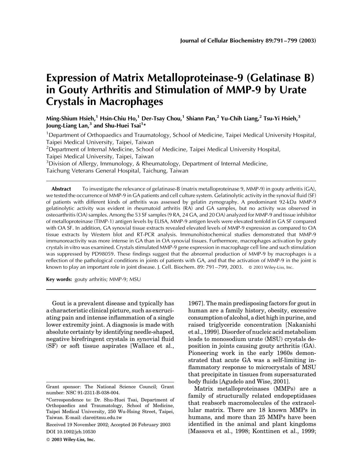 Expression of matrix metalloproteinase-9 (gelatinase B) in gouty arthritis and stimulation of MMP-9 by urate crystals in macrophages by Unknown