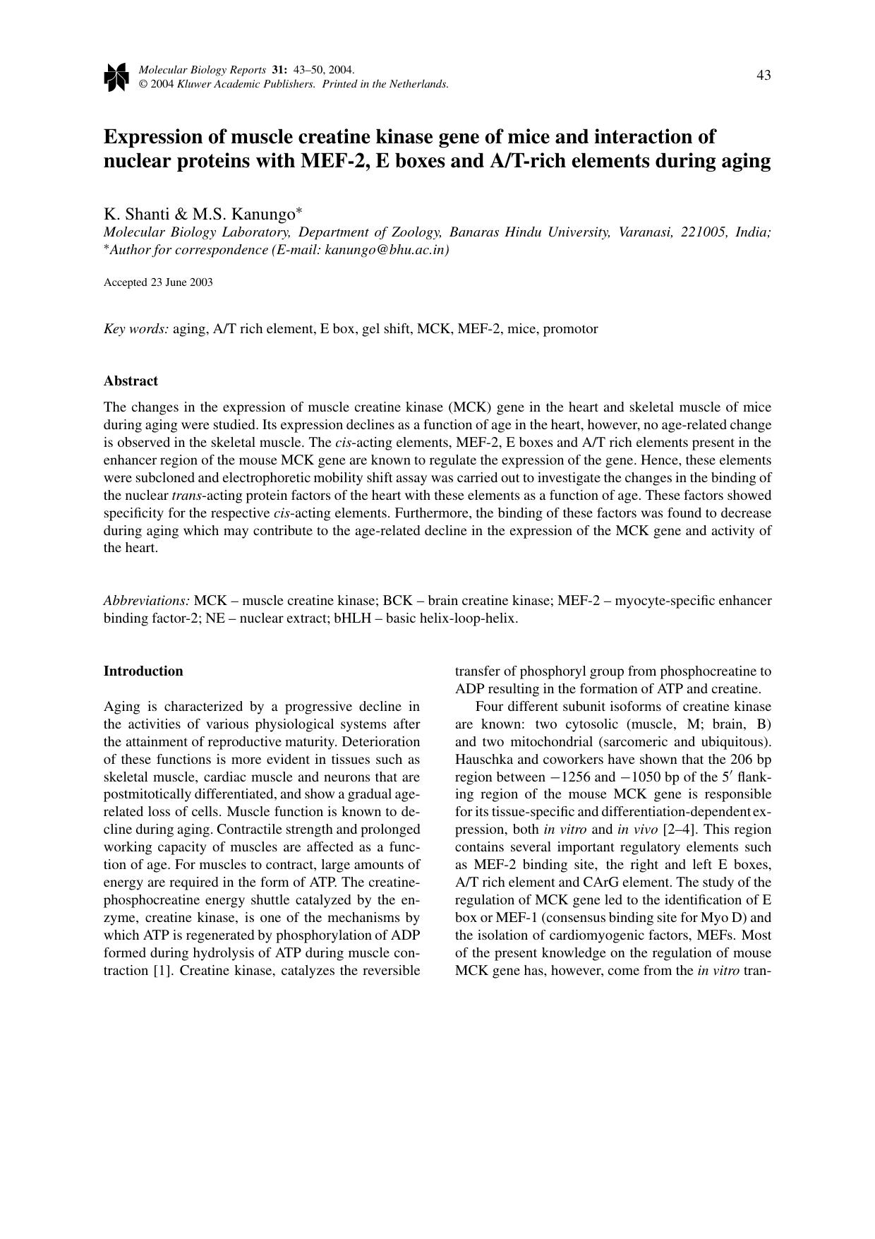 Expression of muscle creatine kinase gene of mice and interaction of nuclear proteins with MEF-2, E boxes and AT-rich elements during aging by Unknown