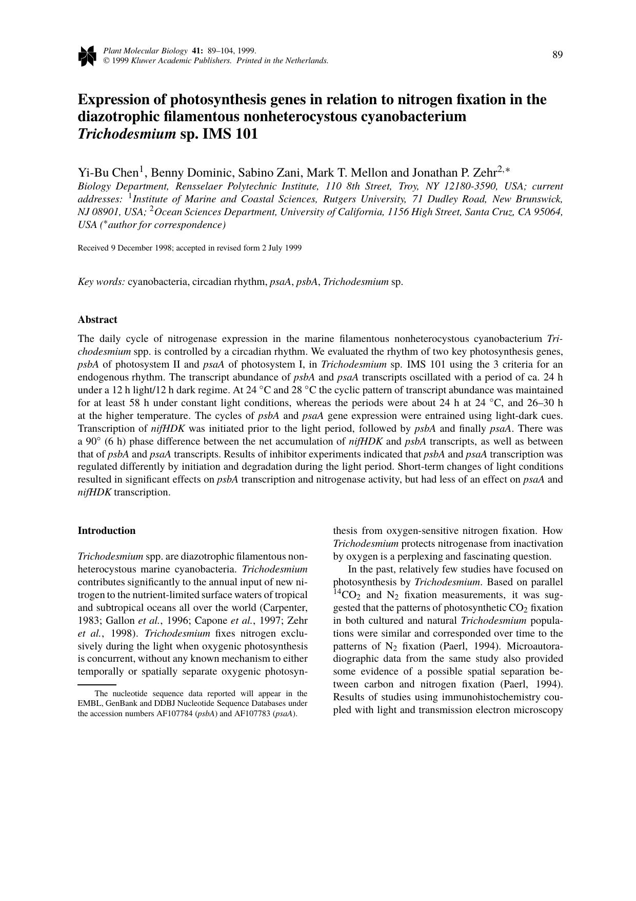 Expression of photosynthesis genes in relation to nitrogen fixation in the diazotrophic filamentous nonheterocystous cyanobacterium Trichodesmium sp. IMS 101 by Unknown