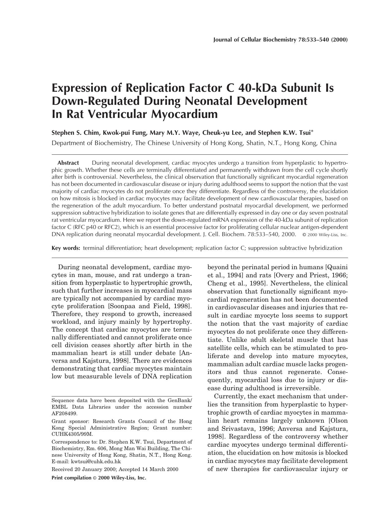 Expression of replication factor C 40-kDa subunit is down-regulated during neonatal development in rat ventricular myocardium by Unknown