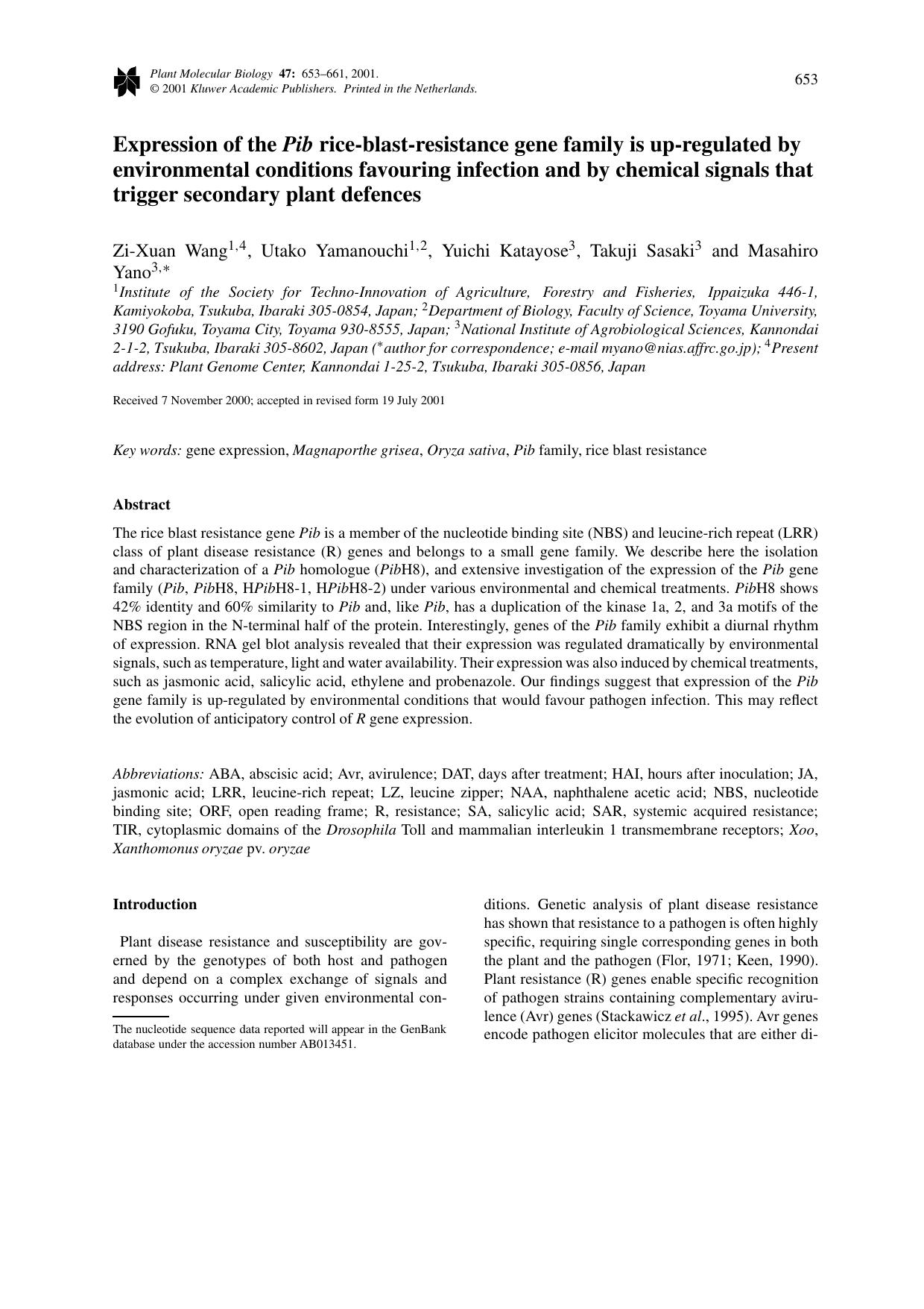 Expression of the Pib rice-blast-resistance gene family is up-regulated by environmental conditions favouring infection and by chemical signals that trigger secondary plant defences by Unknown