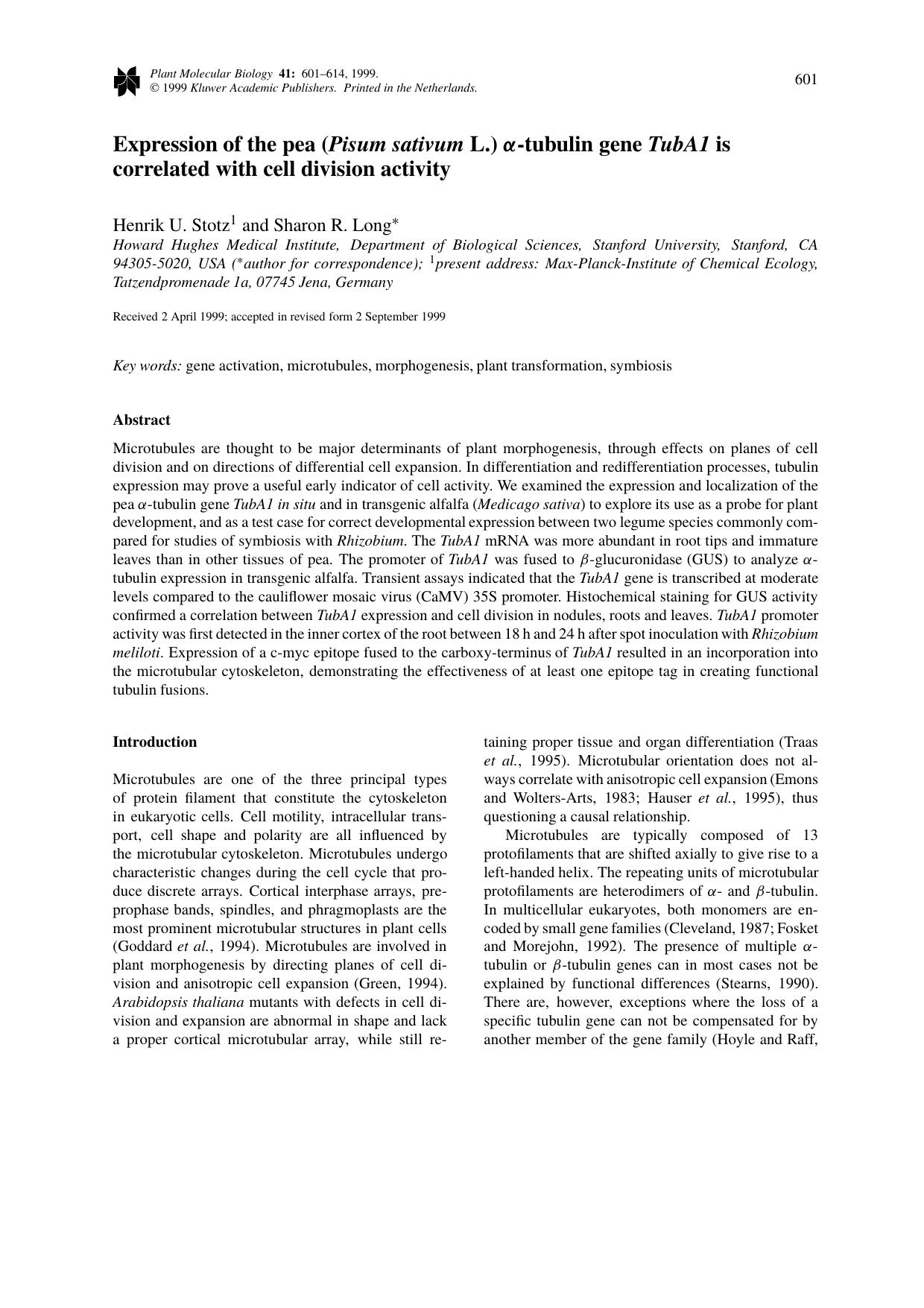 Expression of the pea (Pisum sativum L.) α-tubulin gene TubA1 is correlated with cell division activity by Unknown