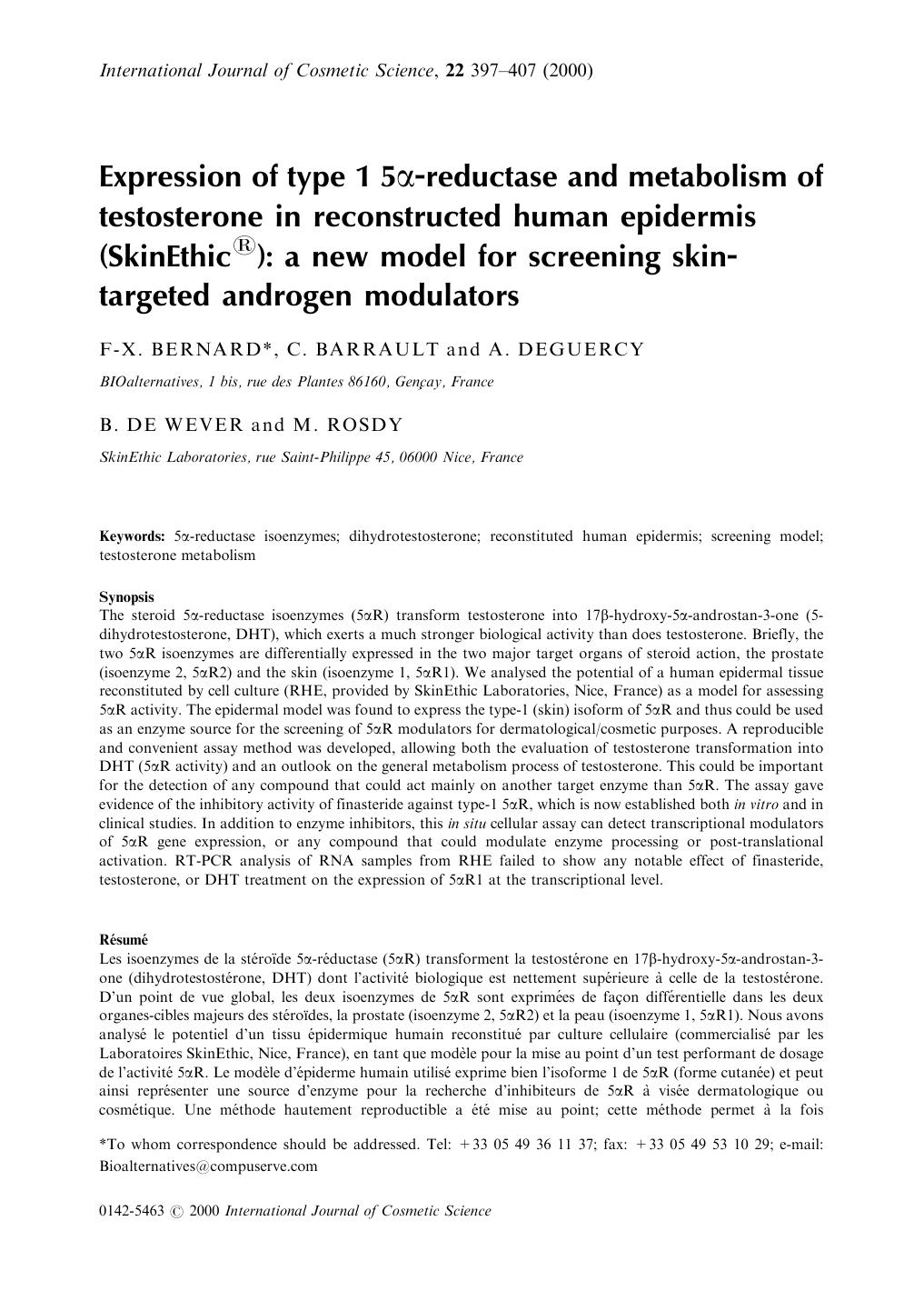 Expression of type 1 5Î±-reductase and metabolism of testosterone in reconstructed human epidermis (SkinEthicÂ®): a new model for screening skin-targeted androgen modulators by Unknown
