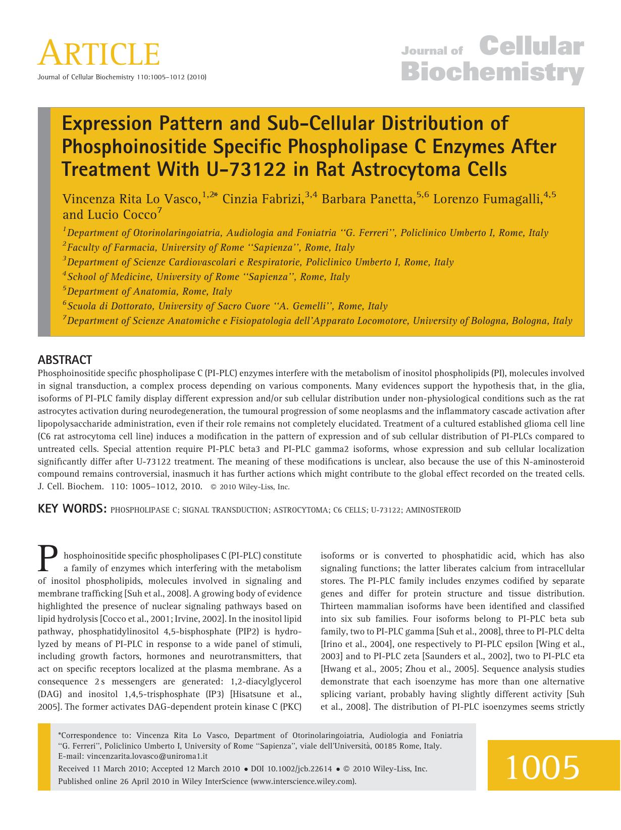 Expression pattern and sub?cellular distribution of phosphoinositide specific phospholipase C enzymes after treatment with U?73122 in rat astrocytoma cells by Unknown