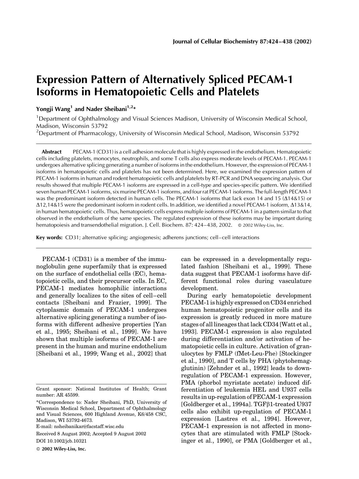 Expression pattern of alternatively spliced PECAM-1 isoforms in hematopoietic cells and platelets by Unknown