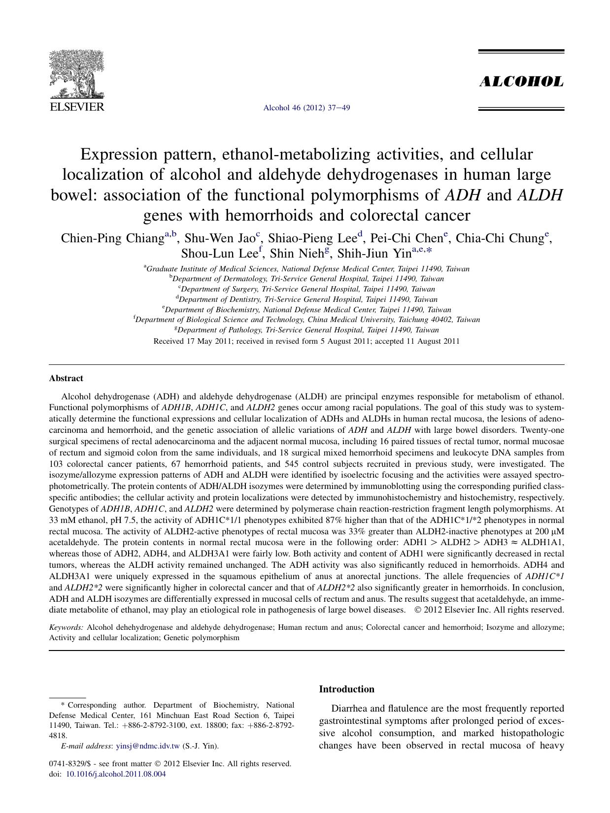 Expression pattern, ethanol-metabolizing activities, and cellular localization of alcohol and aldehyde dehydrogenases in human large bowel: association of the functional polymorphi by unknow