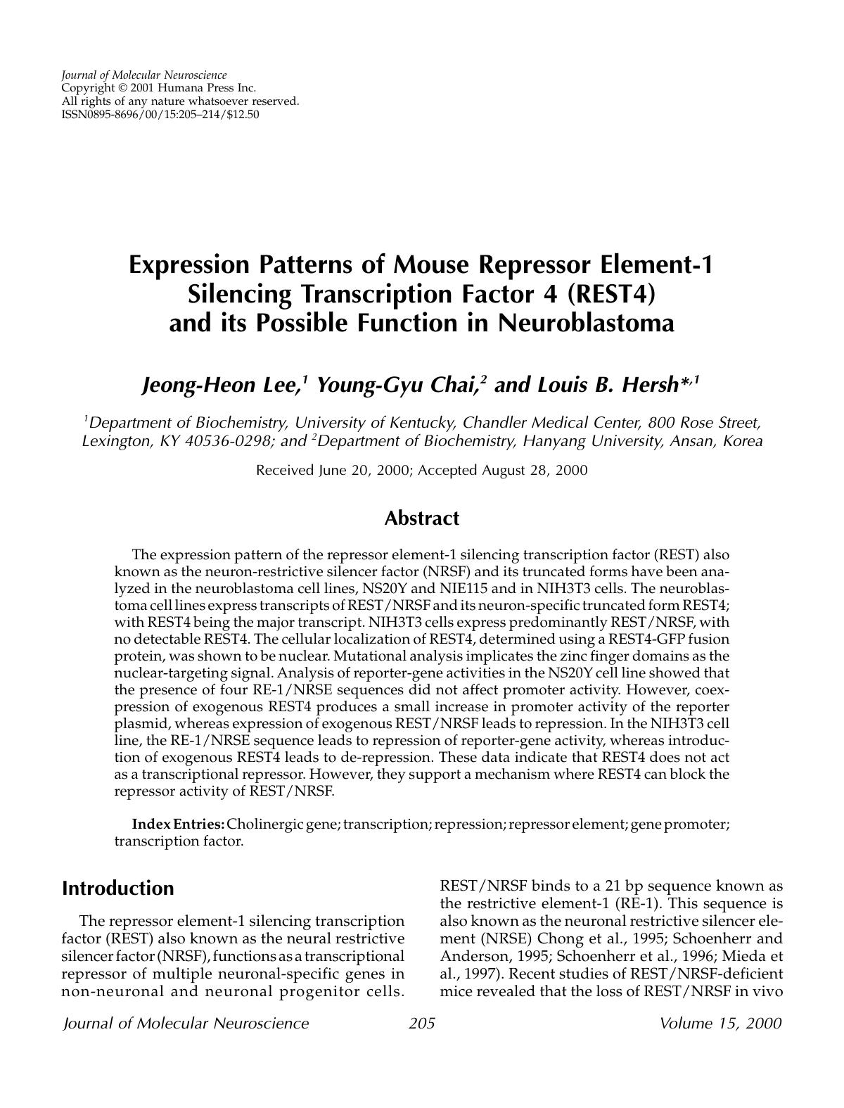 Expression patterns of mouse repressor element-1 silencing transcription factor 4 (REST4) and its possible function in neuroblastoma by Unknown