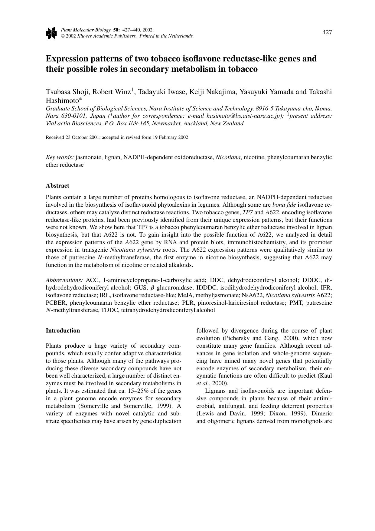 Expression patterns of two tobacco isoflavone reductase-like genes and their possible roles in secondary metabolism in tobacco by Unknown