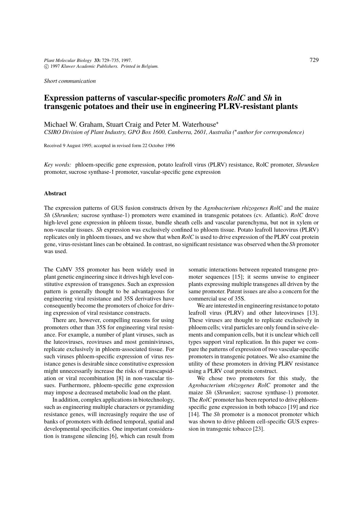 Expression patterns of vascular-specific promoters RolC and Sh in transgenic potatoes and their use in engineering PLRV-resistant plants by Unknown