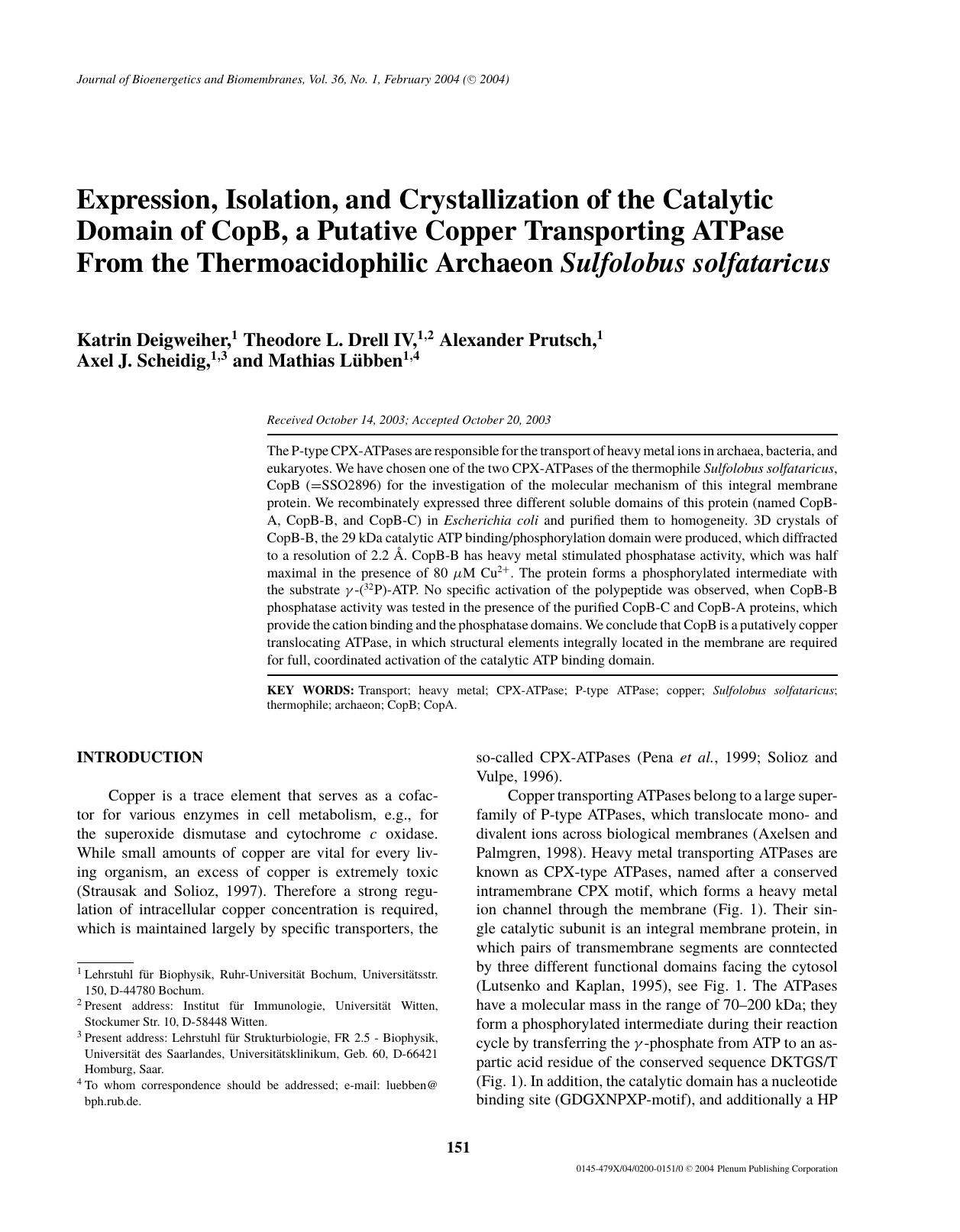 Expression, Isolation, and Crystallization of the Catalytic Domain of CopB, a Putative Copper Transporting ATPase from the Thermoacidophilic Archaeon <Emphasis Type="Italic">Sulfol by Unknown