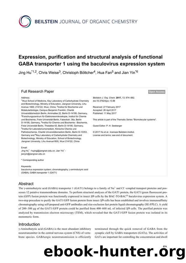 Expression, purification and structural analysis of functional GABA transporter 1 using the baculovirus expression system by Jing Hu Chris Weise Christoph Böttcher Hua Fan Jian Yin