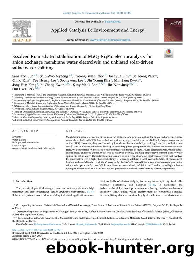 Exsolved Ru-mediated stabilization of MoO2-Ni4Mo electrocatalysts for anion exchange membrane water electrolysis and unbiased solar-driven saline water splitting by unknow