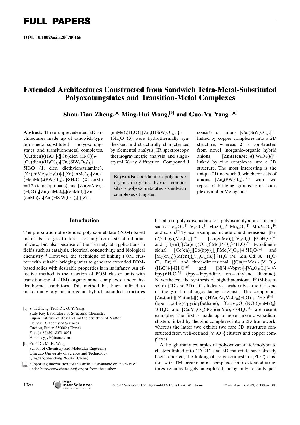 Extended Architectures Constructed from Sandwich Tetra-Metal-Substituted Polyoxotungstates and Transition-Metal Complexes by Unknown