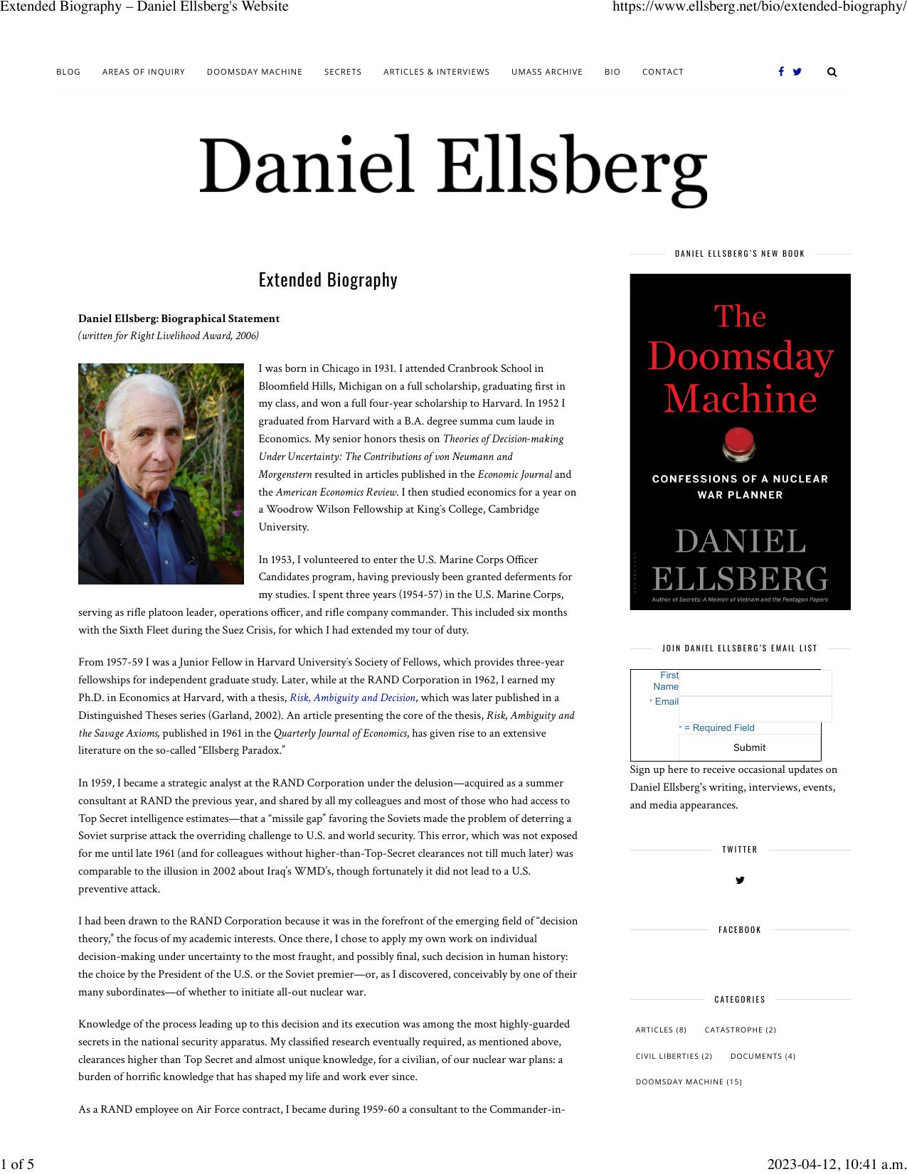Extended Biography â Daniel Ellsberg's Website by Extended Biographical Statement (2006)