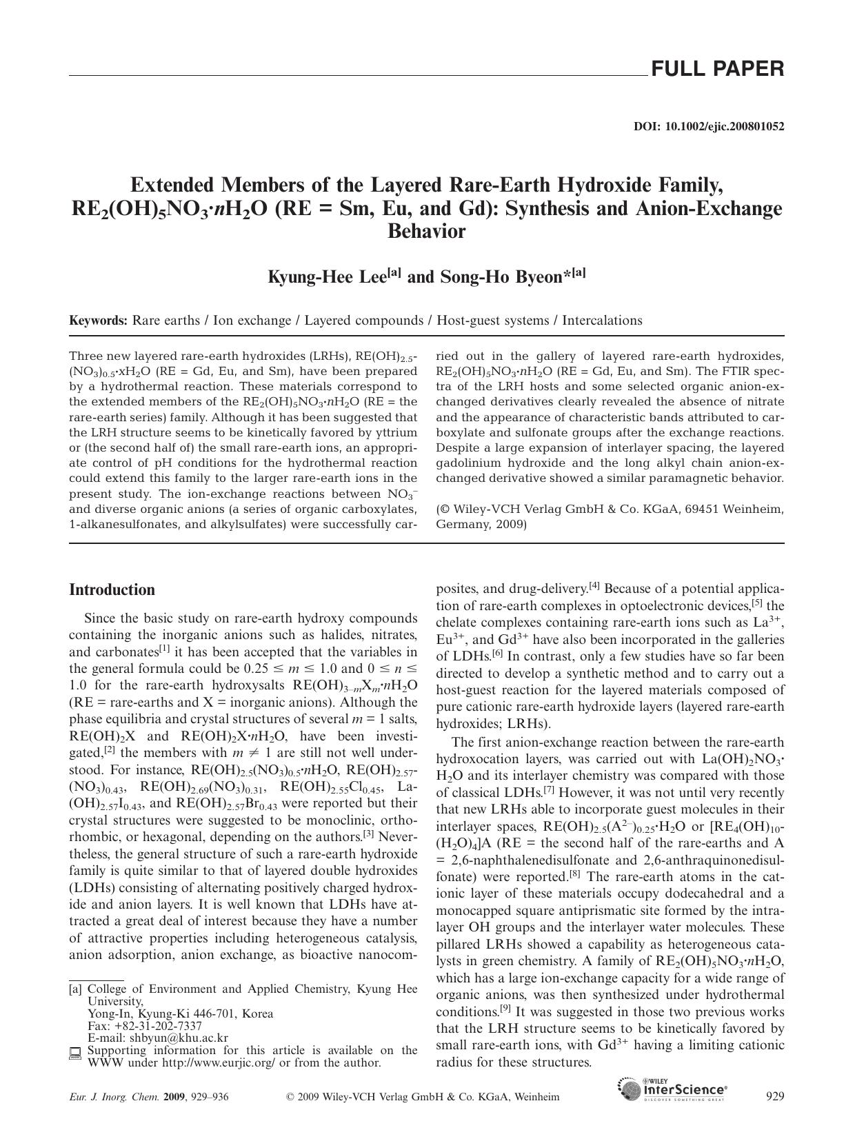 Extended Members of the Layered Rare-Earth Hydroxide Family, RE2(OH)5NO3Â·nH2O (RE = Sm, Eu, and Gd): Synthesis and Anion-Exchange Behavior by Unknown