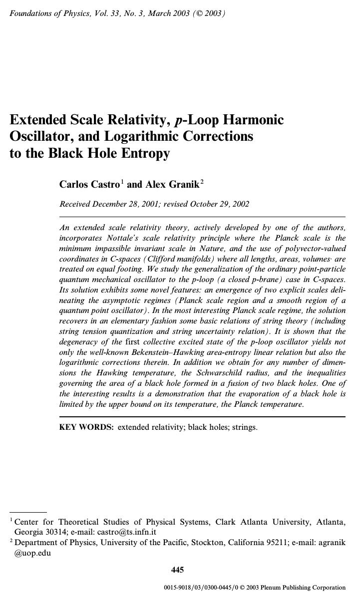 Extended Scale Relativity, p-Loop Harmonic Oscillator, and Logarithmic Corrections to the Black Hole Entropy by Unknown