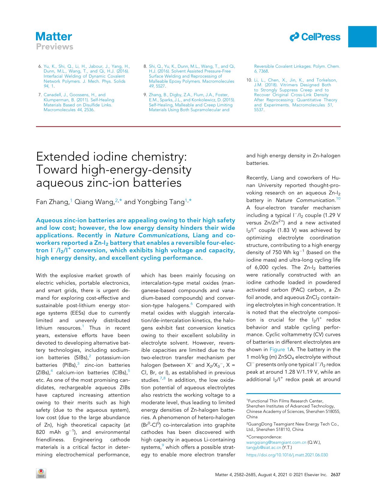 Extended iodine chemistry: Toward high-energy-density aqueous zinc-ion batteries by Fan Zhang & Qiang Wang & Yongbing Tang