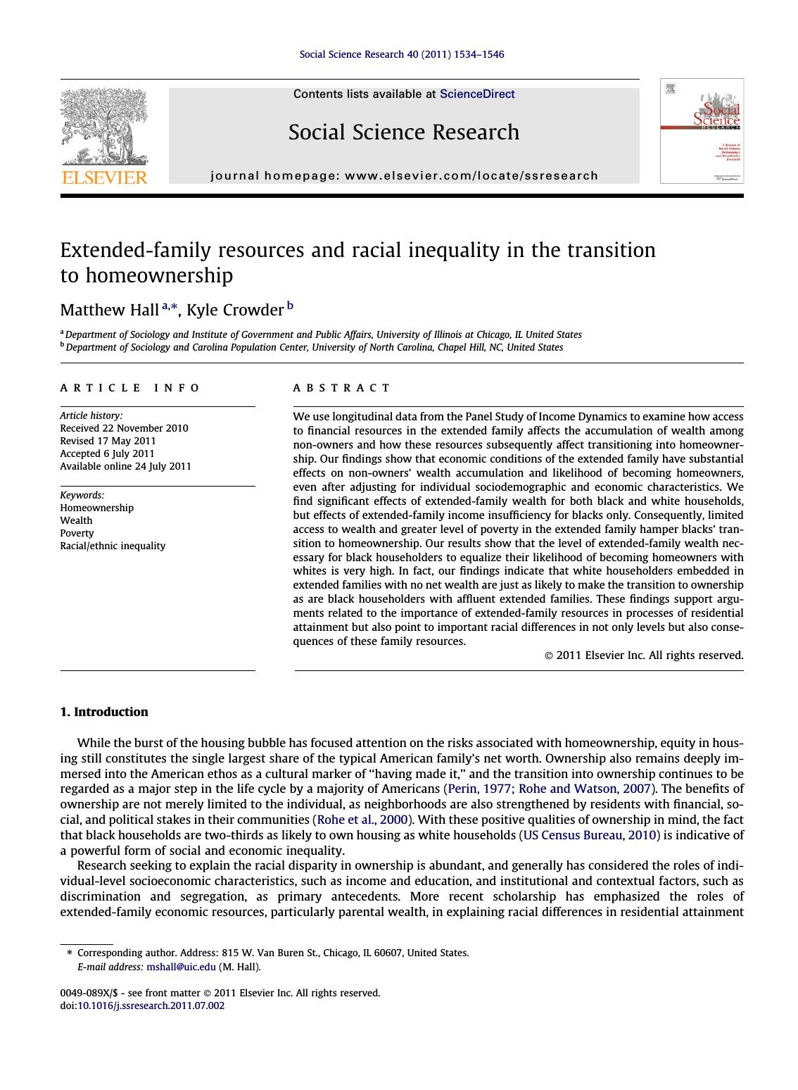 Extended-family resources and racial inequality in the transition to homeownership by Matthew Hall & Kyle Crowder