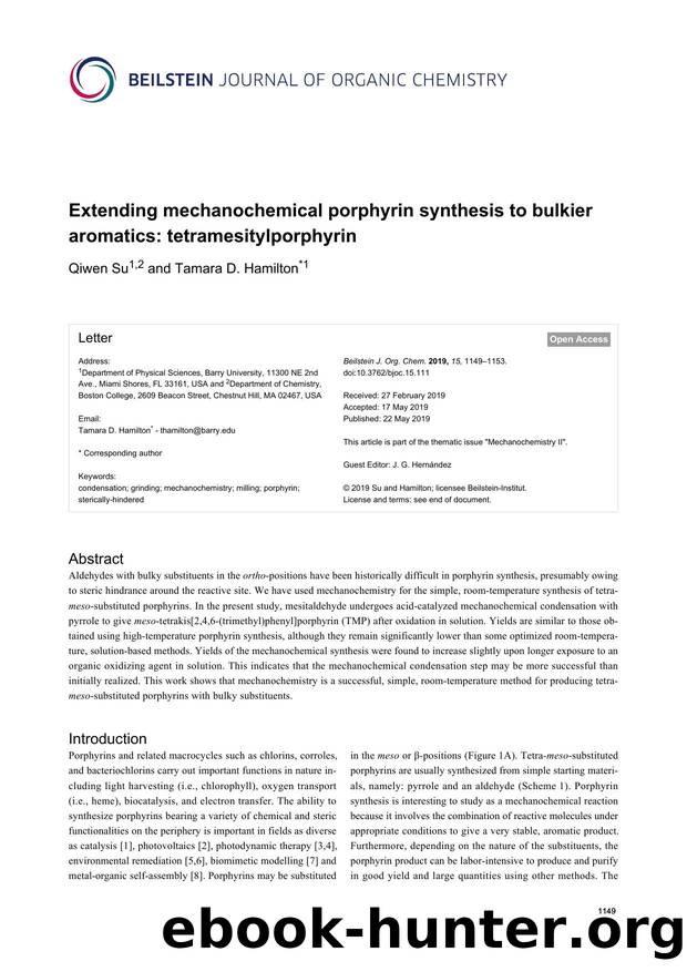 Extending mechanochemical porphyrin synthesis to bulkier aromatics: tetramesitylporphyrin by Qiwen Su Tamara D. Hamilton