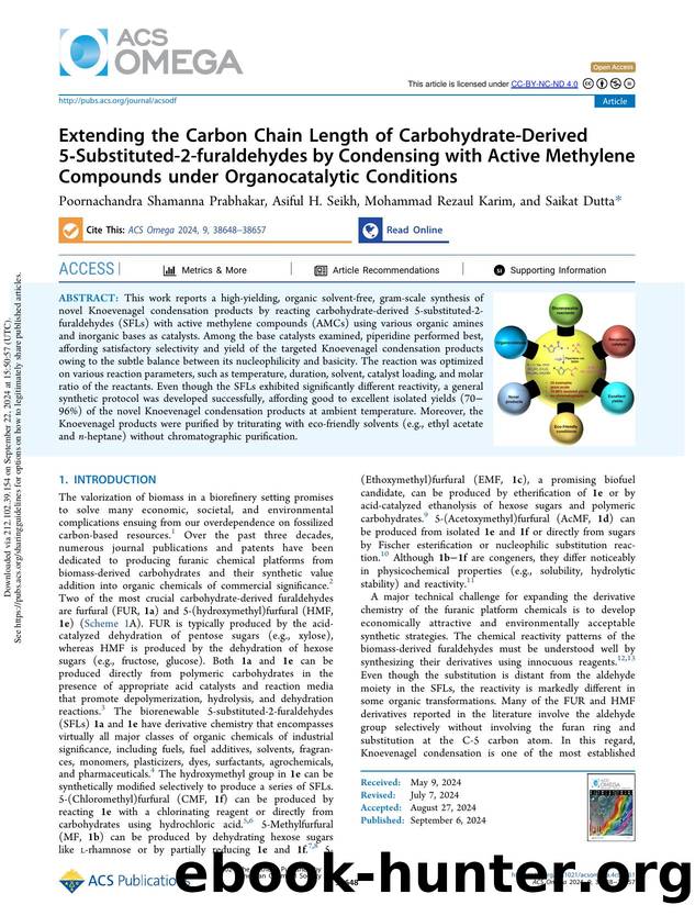 Extending the Carbon Chain Length of Carbohydrate-Derived 5-Substituted-2-furaldehydes by Condensing with Active Methylene Compounds under Organocatalytic Conditions by Poornachandra Shamanna Prabhakar Asiful H. Seikh Mohammad Rezaul Karim & Saikat Dutta