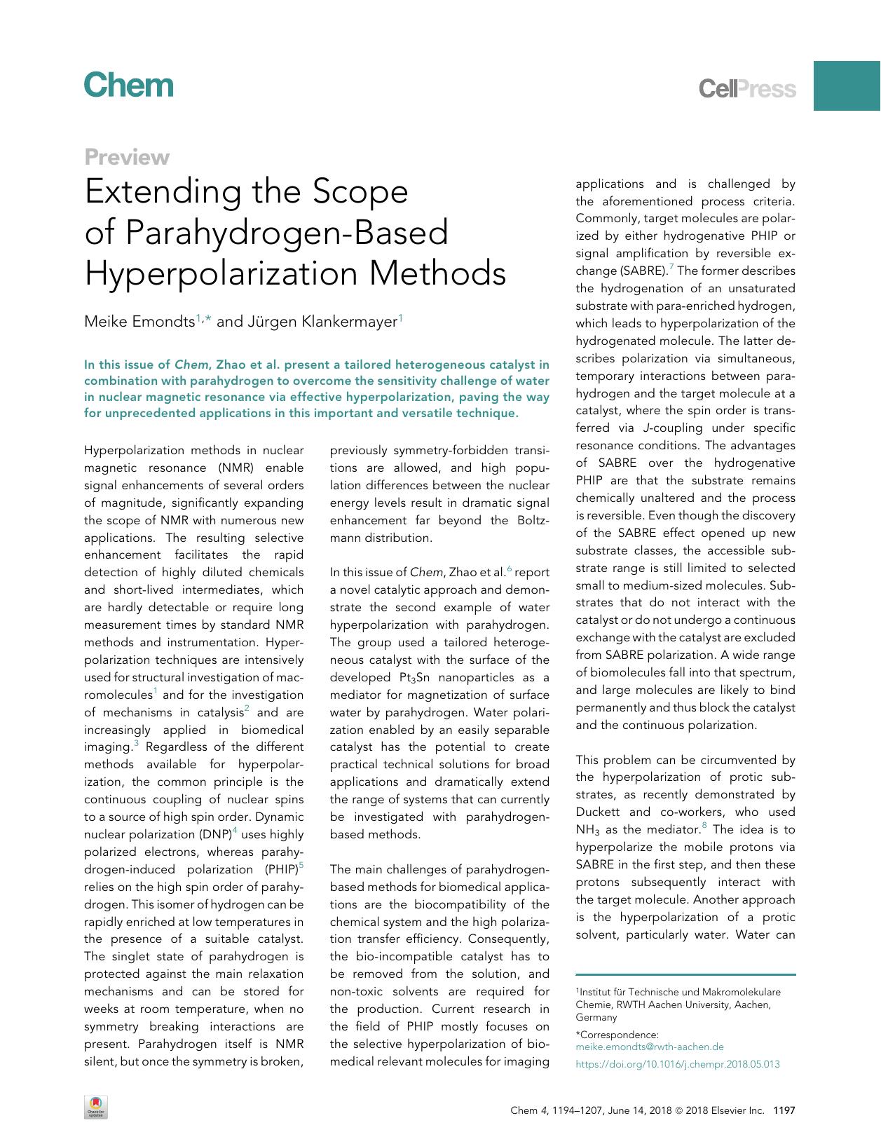 Extending the Scope of Parahydrogen-Based Hyperpolarization Methods by Meike Emondts & Jürgen Klankermayer