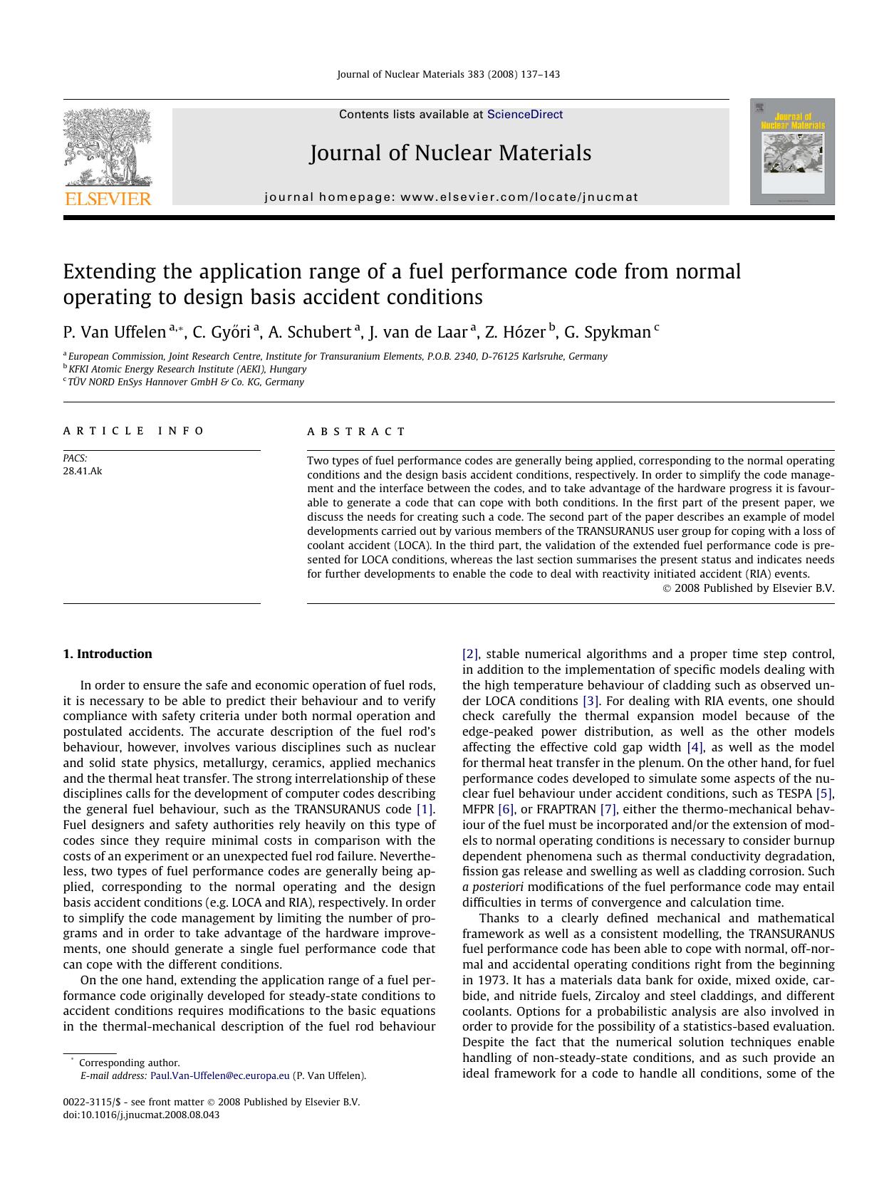 Extending the application range of a fuel performance code from normal operating to design basis accident conditions by P. Van Uffelen; C. Győri; A. Schubert; J. van de Laar; Z. Hózer; G. Spykman