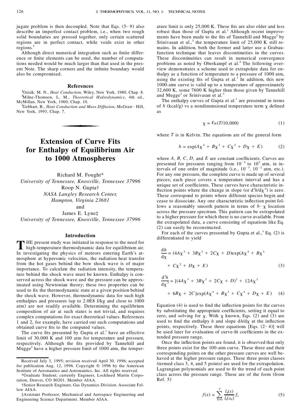 Extension of Curve Fits for Enthalpy of Equilibrium Air to 1000 Atmospheres by Unknown