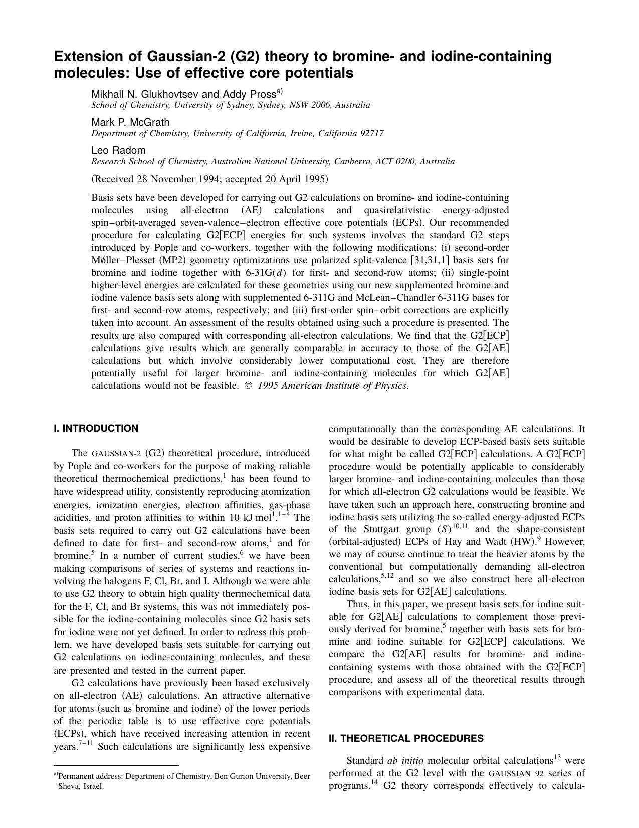 Extension of Gaussian-2 [G2] theory to bromine- and iodine-containing molecules: Use of effective core potentials by Mikhail N. Glukhovtsev and Addy Pross & Mark P. McGrath & Leo Radom