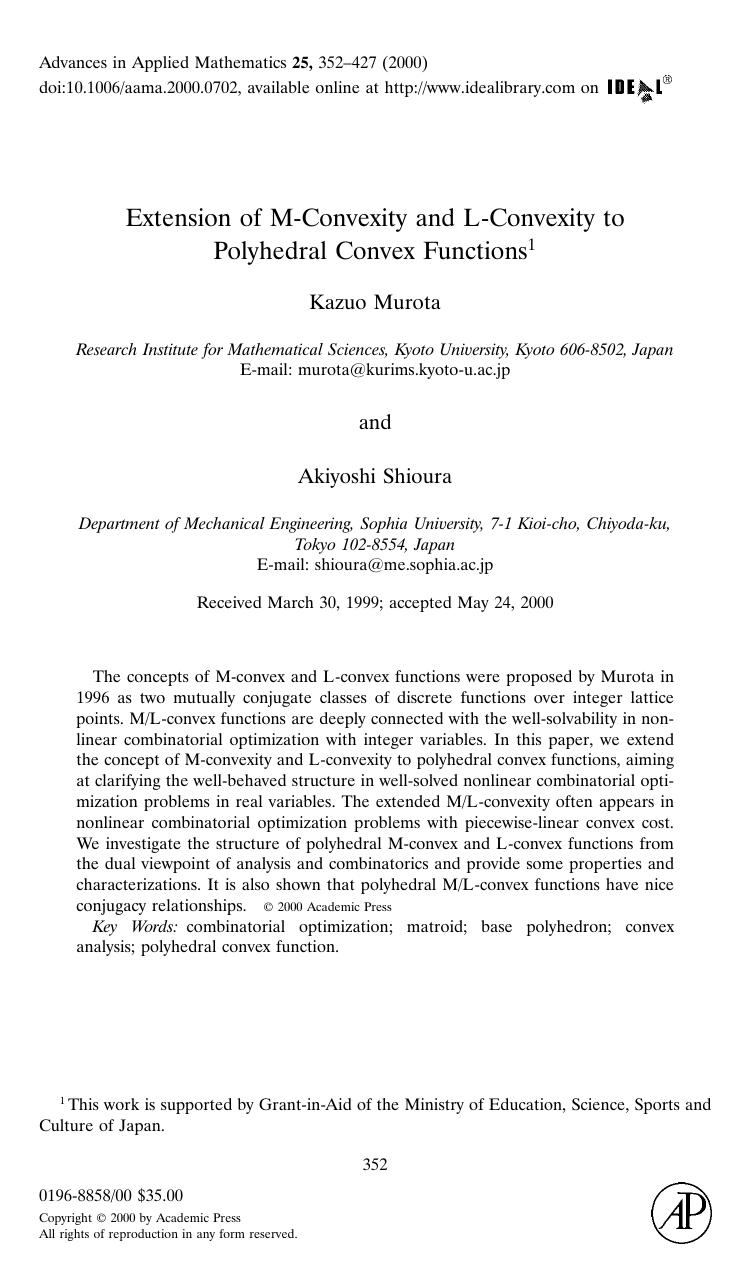 Extension of M-Convexity and L-Convexity to Polyhedral Convex Functions by Murota K. et al