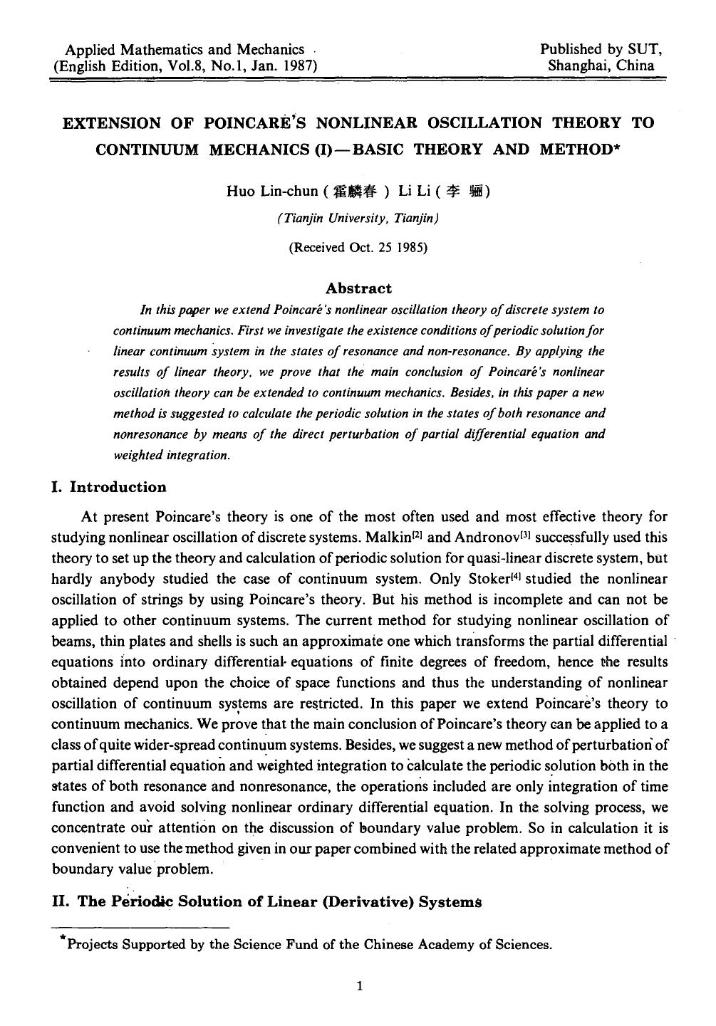 Extension of poincare's nonlinear oscillation theory to continuum mechanics (I)—Basic theory and method by Unknown
