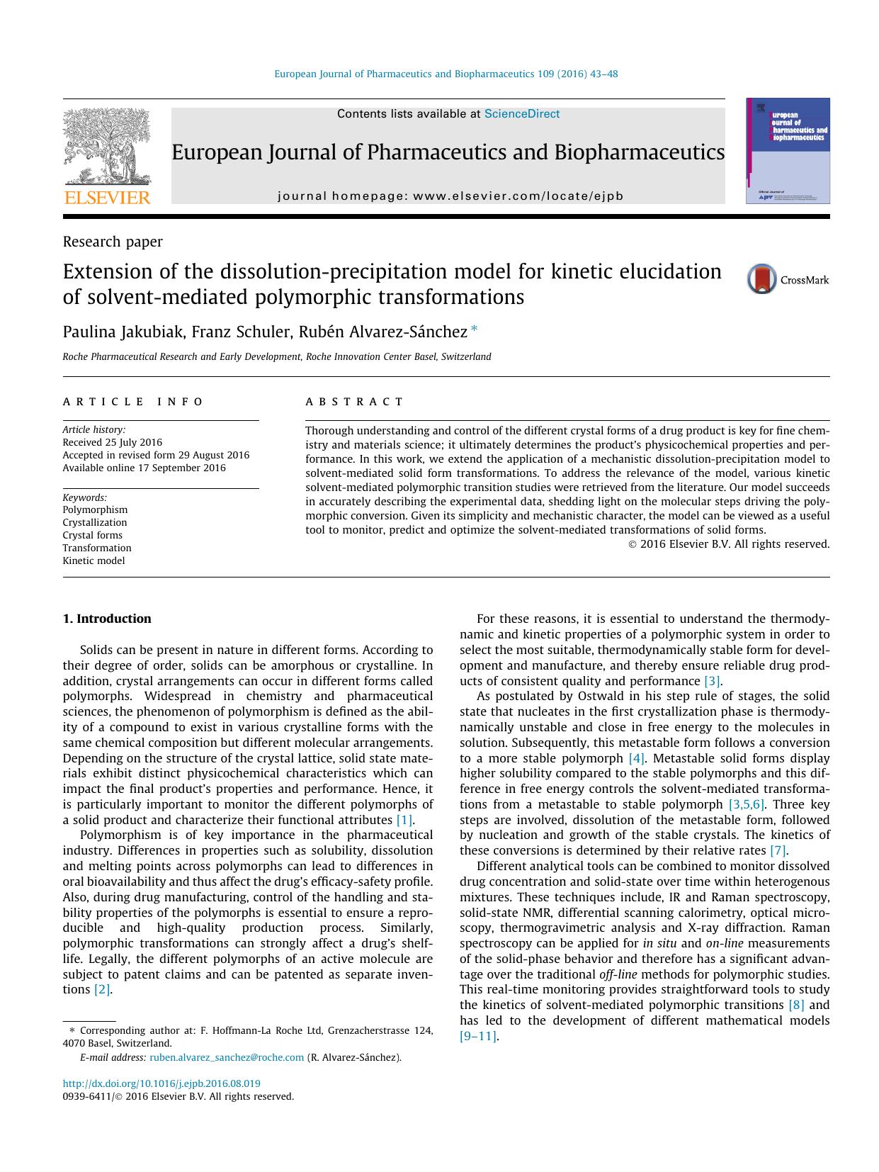 Extension of the dissolution-precipitation model for kinetic elucidation of solvent-mediated polymorphic transformations by Paulina Jakubiak & Franz Schuler & Rubén Alvarez-Sánchez