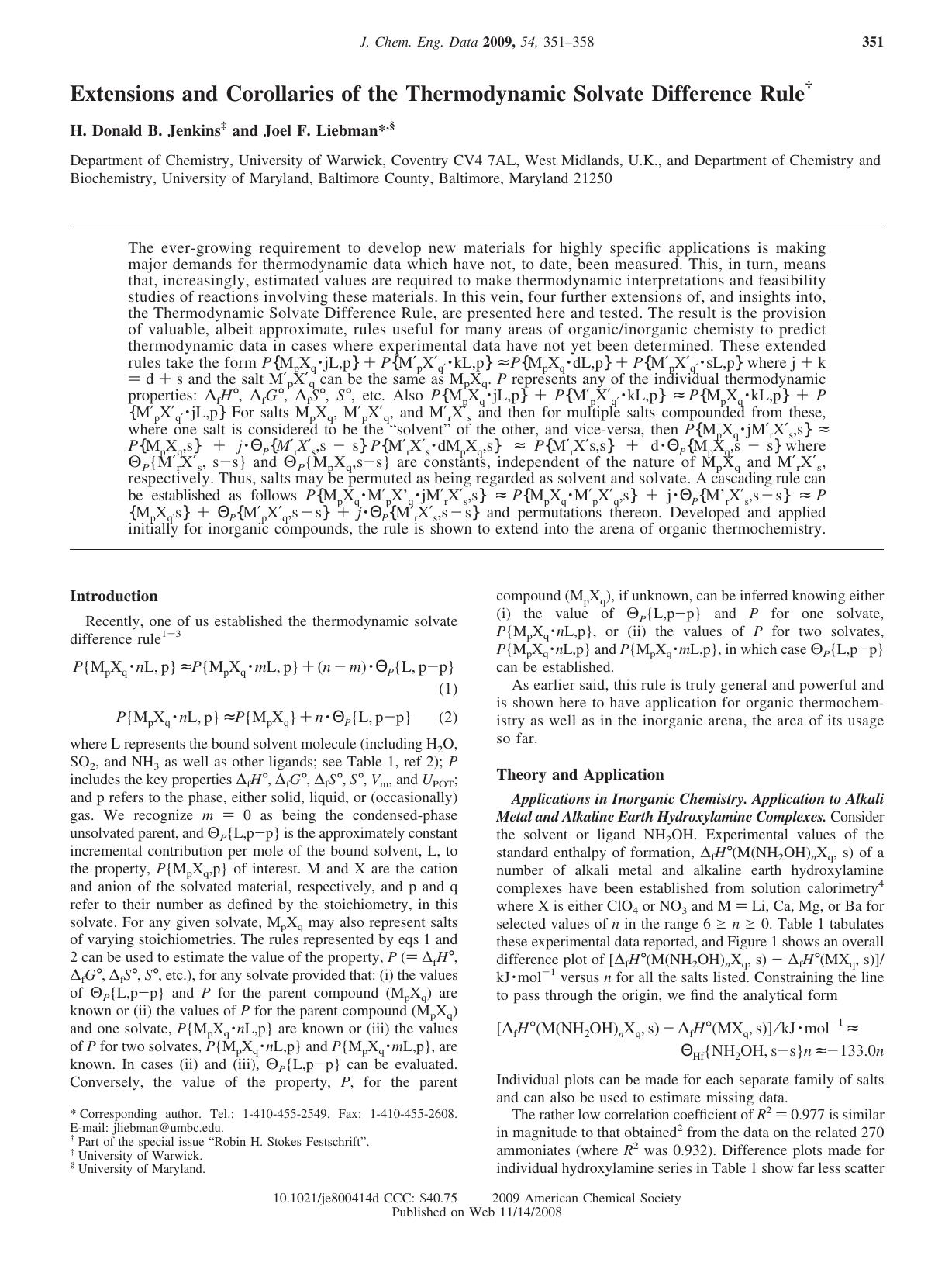 Extensions and Corollaries of the Thermodynamic Solvate Difference Ruleâ  by H. Donald B. Jenkins‡ and Joel F. Liebman*§