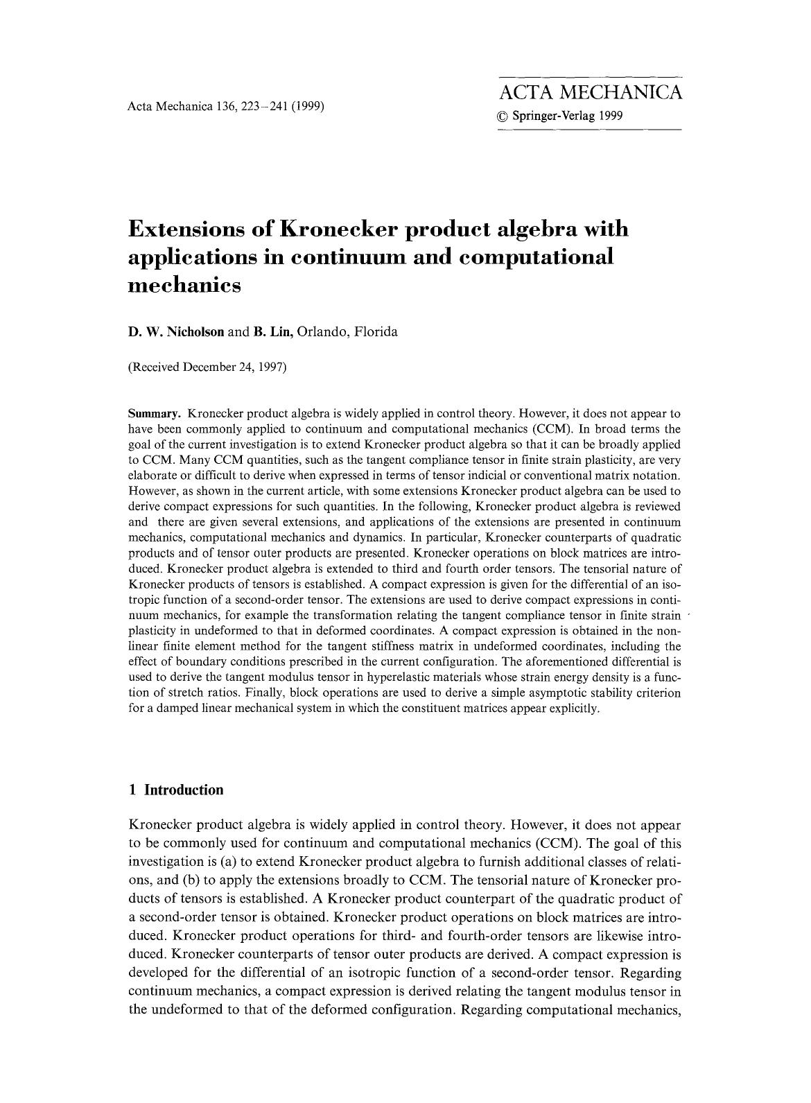Extensions of Kronecker product algebra with applications in continuum and computational mechanics by Unknown