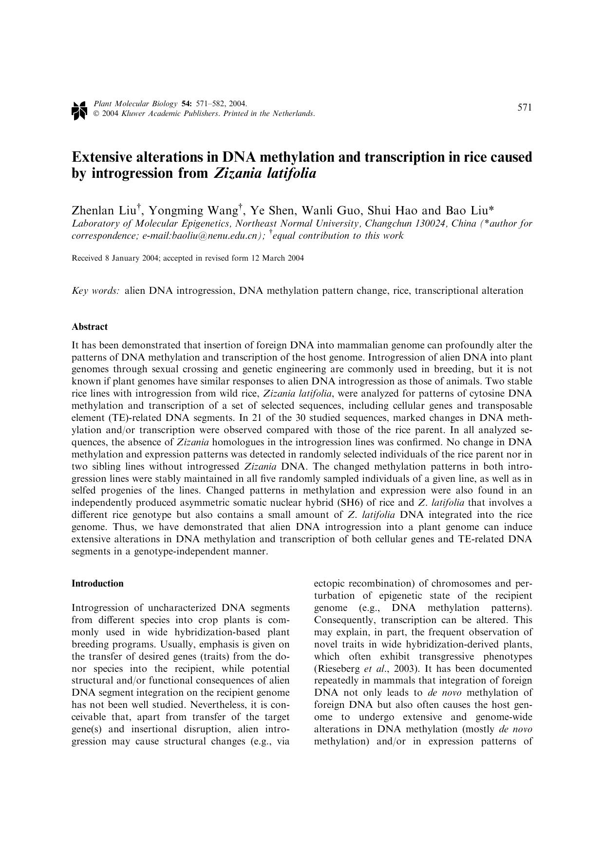 Extensive Alterations in DNA Methylation and Transcription in Rice Caused by Introgression from <Emphasis Type="Italic">Zizania Latifolia<Emphasis> by Unknown