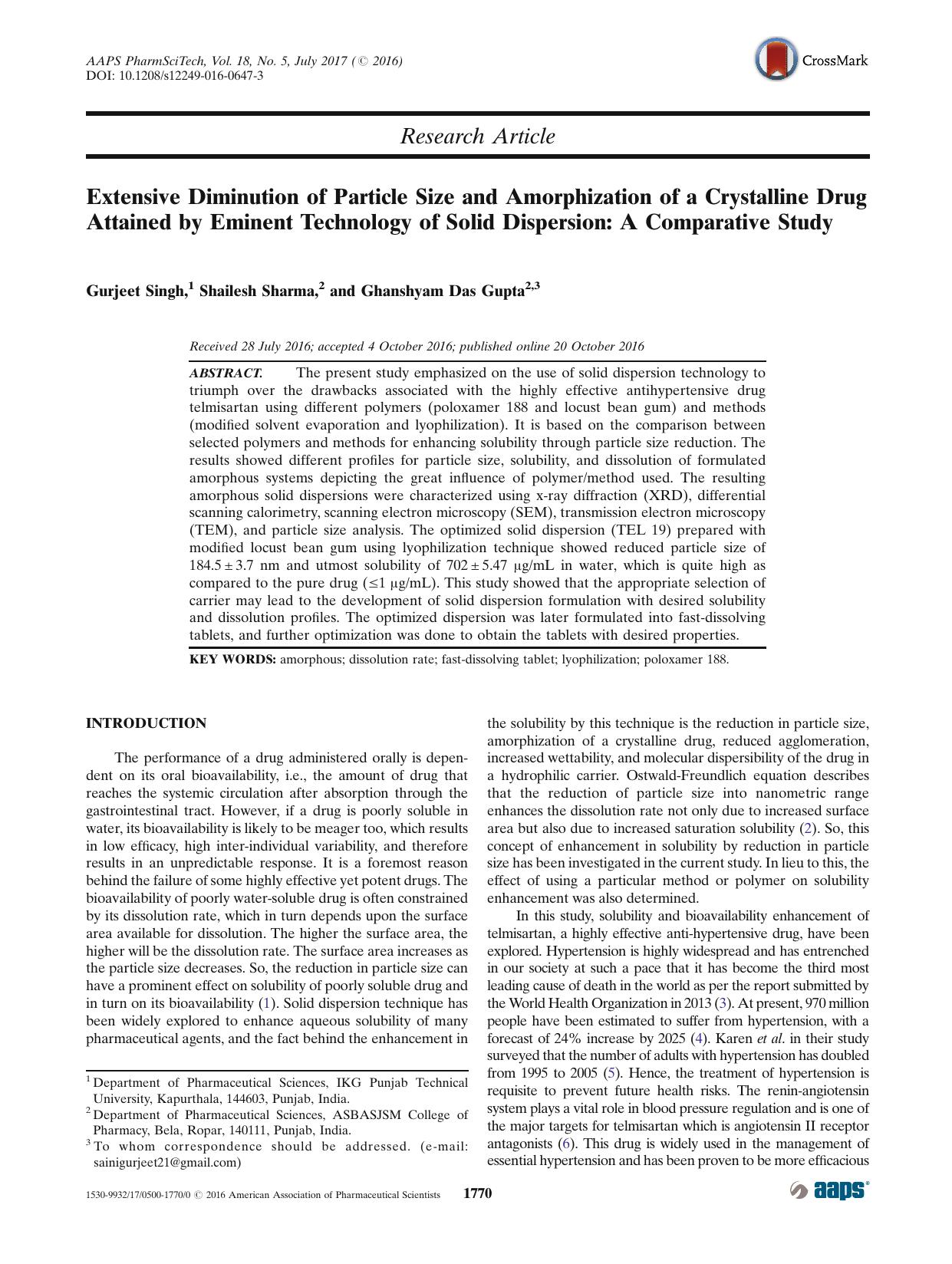 Extensive Diminution of Particle Size and Amorphization of a Crystalline Drug Attained by Eminent Technology of Solid Dispersion: A Comparative Study by Gurjeet Singh & Shailesh Sharma & Ghanshyam Das Gupta