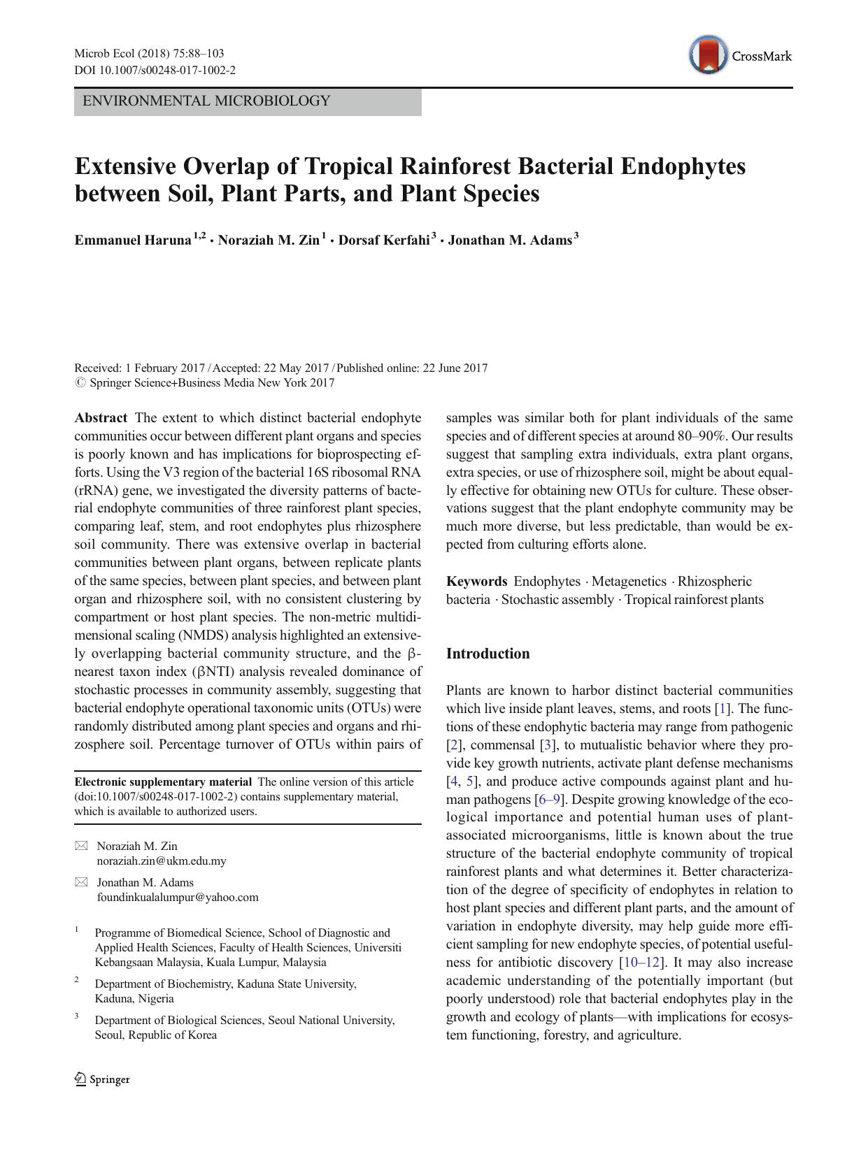 Extensive Overlap of Tropical Rainforest Bacterial Endophytes between Soil, Plant Parts, and Plant Species by Emmanuel Haruna & Noraziah M. Zin & Dorsaf Kerfahi & Jonathan M. Adams