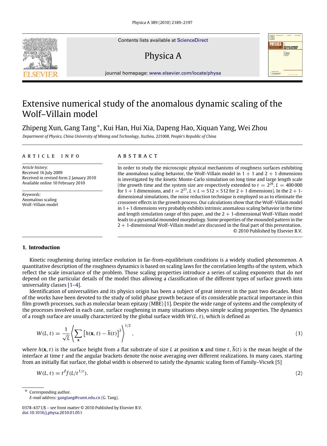 Extensive numerical study of the anomalous dynamic scaling of the WolfâVillain model by Zhipeng Xun; Gang Tang; Kui Han; Hui Xia; Dapeng Hao; Xiquan Yang; Wei Zhou