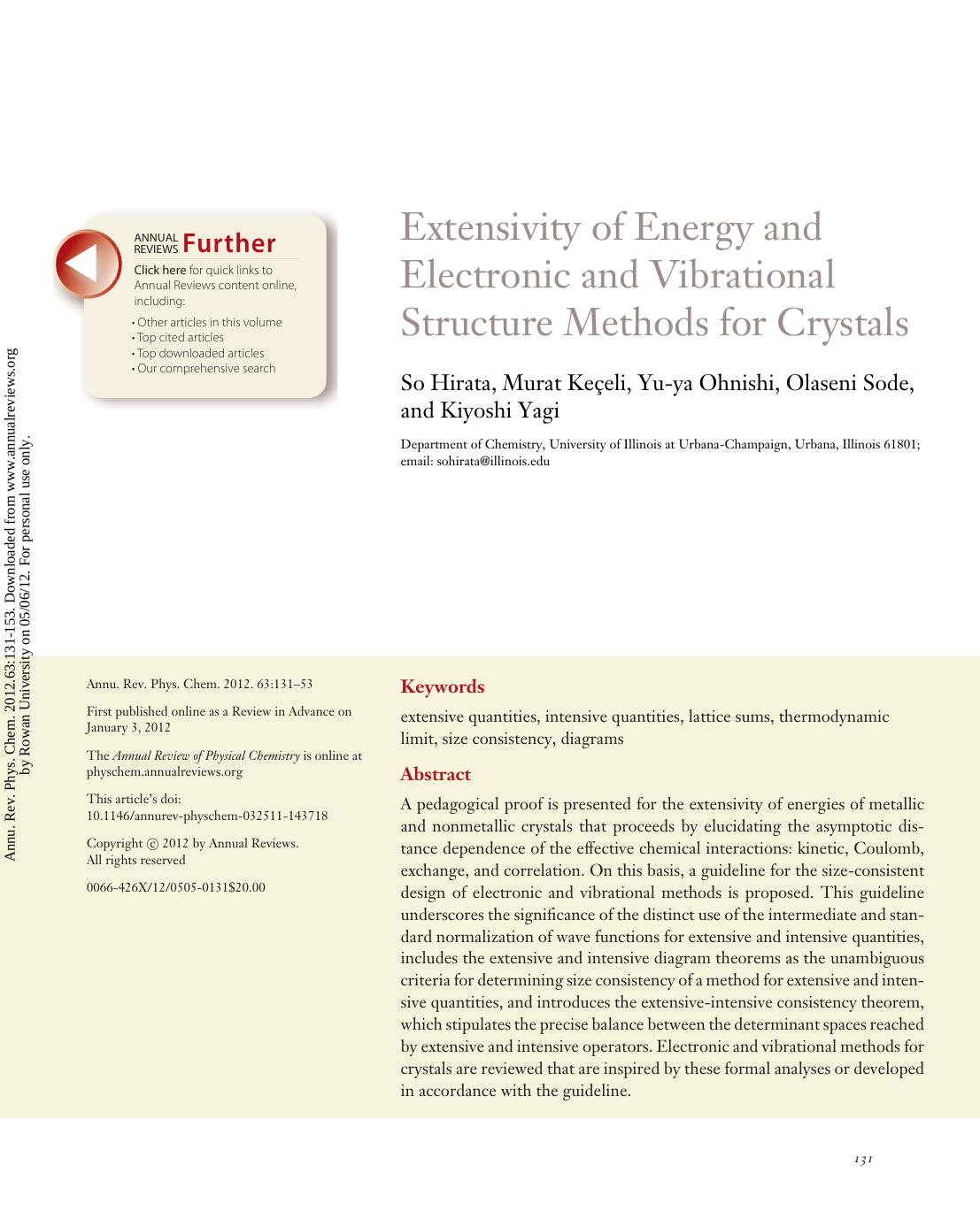 Extensivity of Energy and Electronic and Vibrational Structure Methods for Crystals by So Hirata Murat Keçeli Yu-ya Ohnishi Olaseni Sode & Kiyoshi Yagi