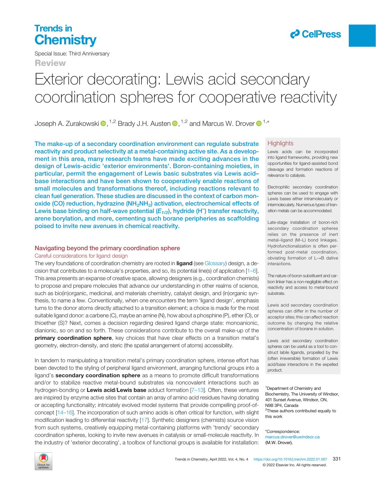Exterior decorating: Lewis acid secondary coordination spheres for cooperative reactivity by Joseph A. Zurakowski & Brady J.H. Austen & Marcus W. Drover