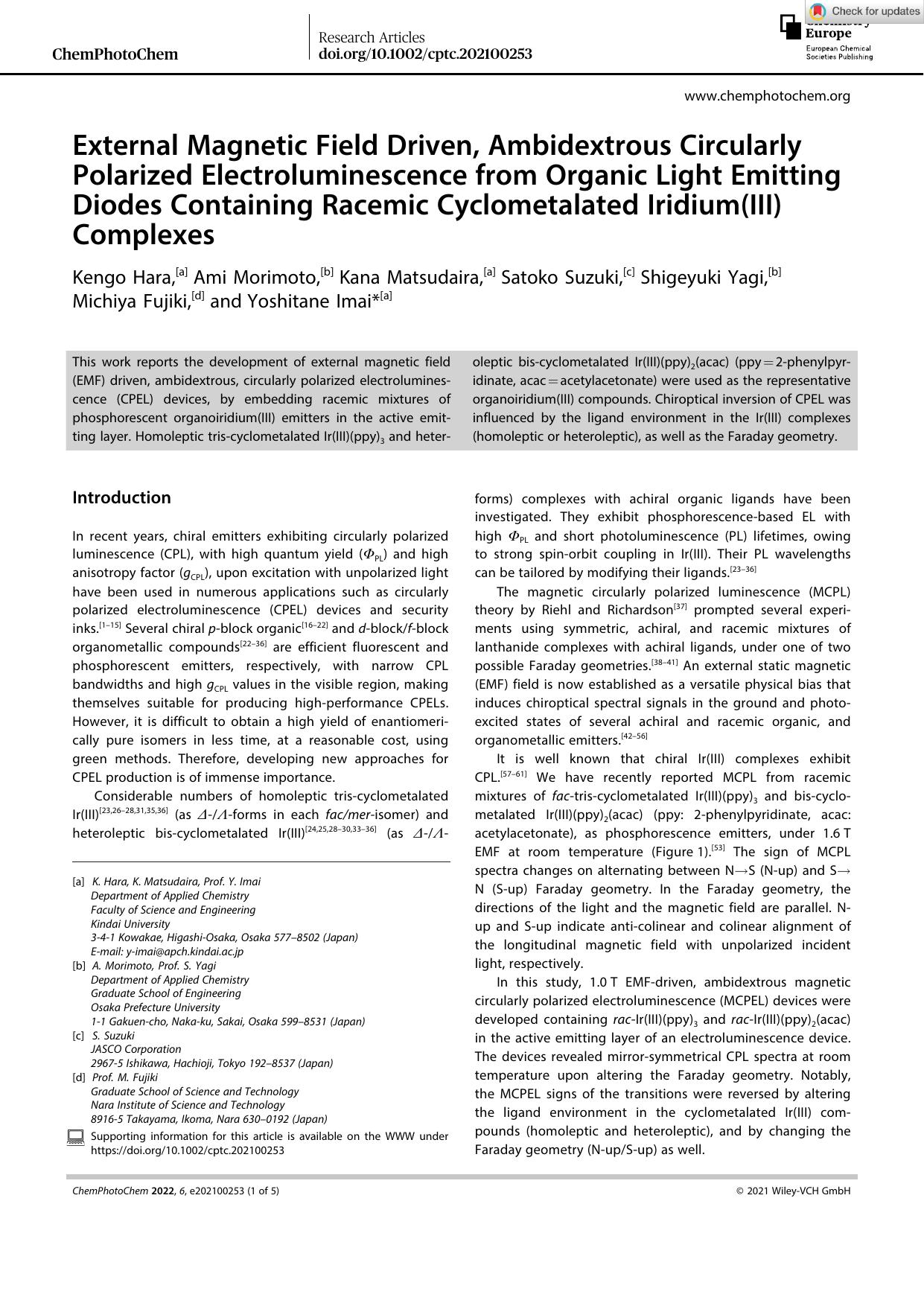 External Magnetic Field Driven, Ambidextrous Circularly Polarized Electroluminescence from Organic Light Emitting Diodes Containing Racemic Cyclometalated Iridium(III) Complexes by Unknown