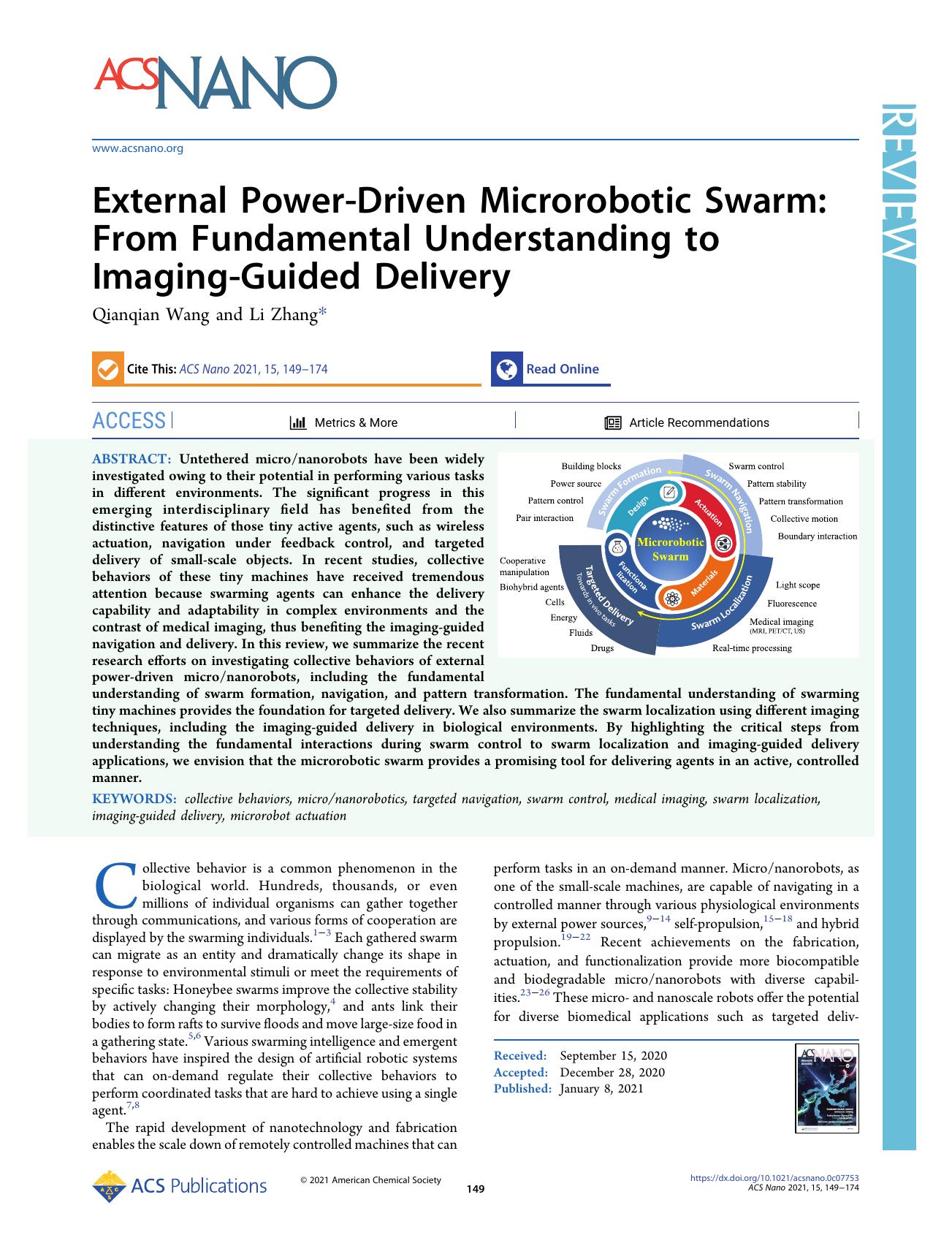 External Power-Driven Microrobotic Swarm: From Fundamental Understanding to Imaging-Guided Delivery by Qianqian Wang and Li Zhang