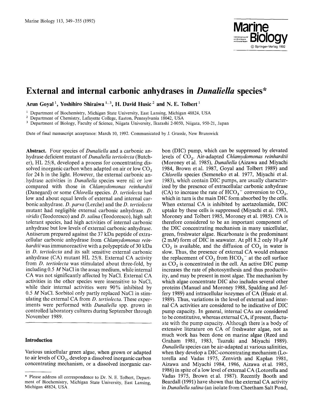 External and internal carbonic anhydrases in <Emphasis Type="Italic">Dunaliella<Emphasis> species by Unknown