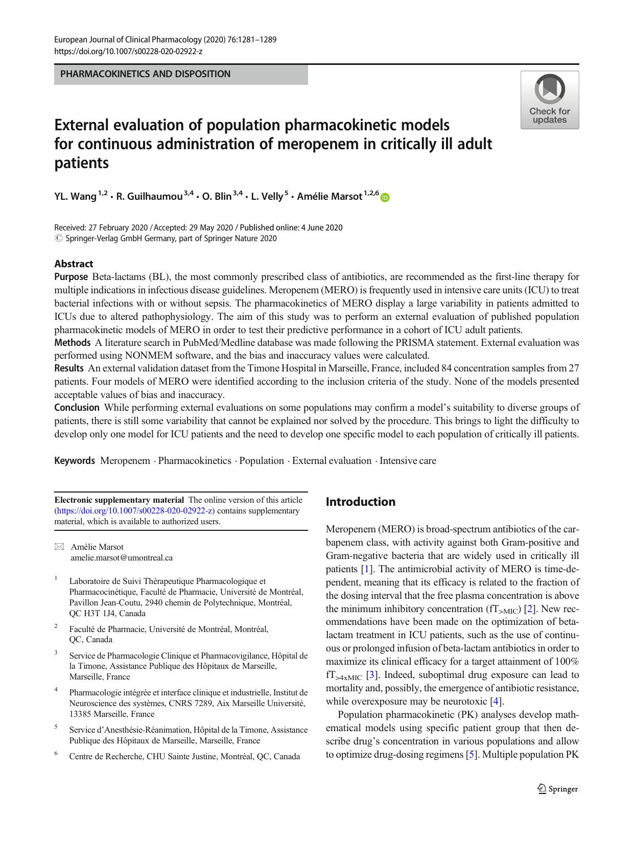 External evaluation of population pharmacokinetic models for continuous administration of meropenem in critically ill adult patients by YL. Wang & R. Guilhaumou & O. Blin & L. Velly & Amélie Marsot