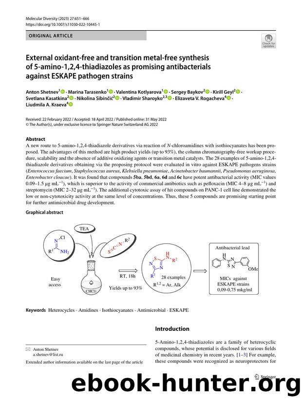 External oxidant-free and transition metal-free synthesis of 5-amino-1,2,4-thiadiazoles as promising antibacterials against ESKAPE pathogen strains by unknow