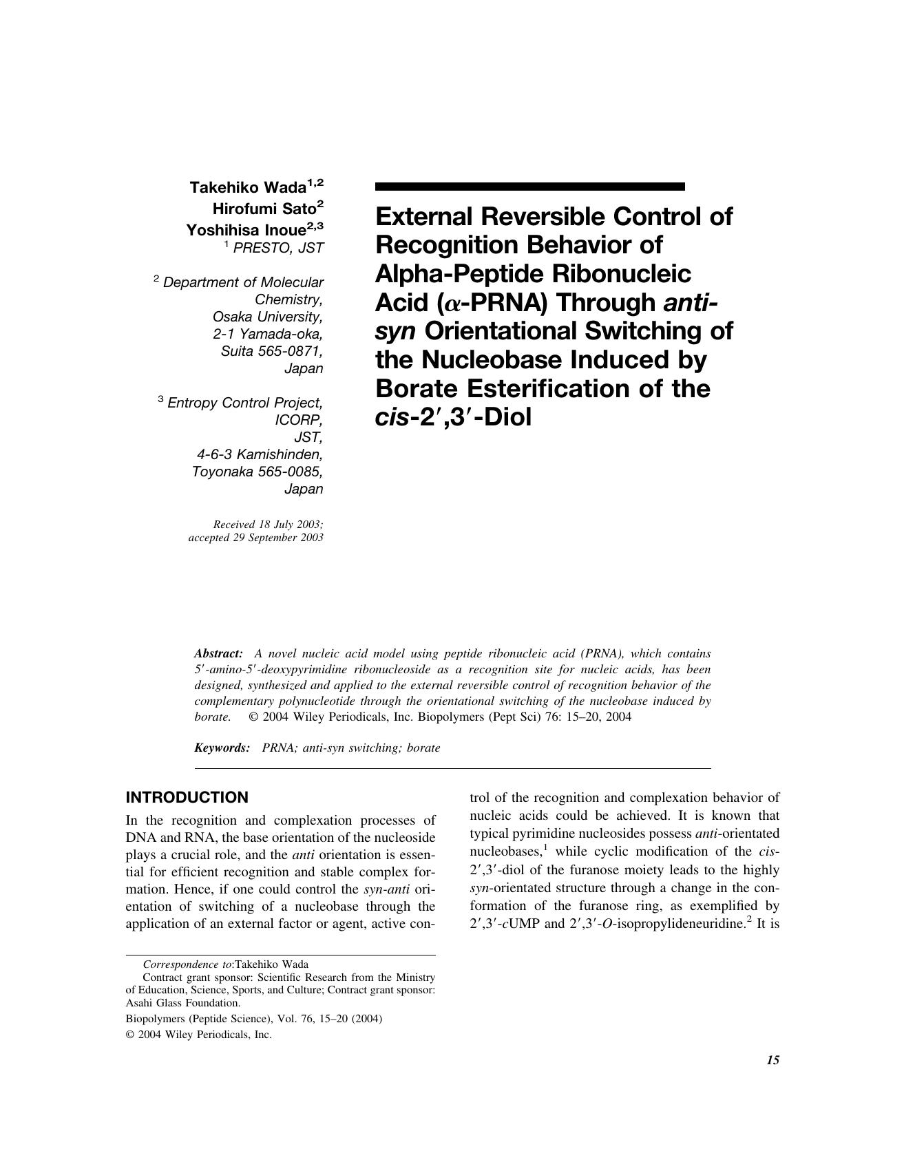 External reversible control of recognition behavior of alpha-peptide ribonucleic acid ([alpha]-PRNA) through anti-syn orientational switching of the nucleobase induced by borate es by Unknown